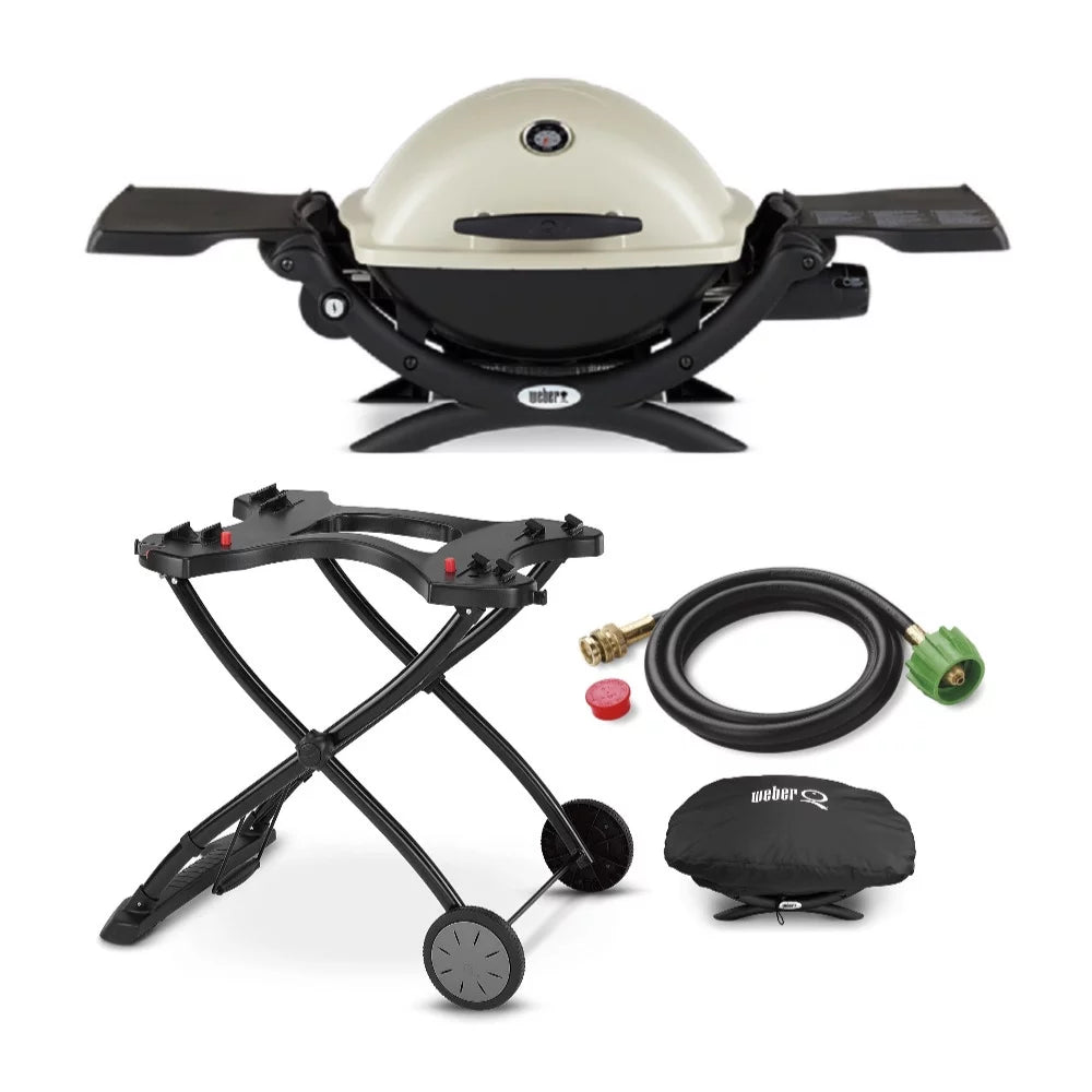 Weber Q 2200 Gas Grill - LP Gas (Titanium) with Cart, Adapter Hose and Grill Cover