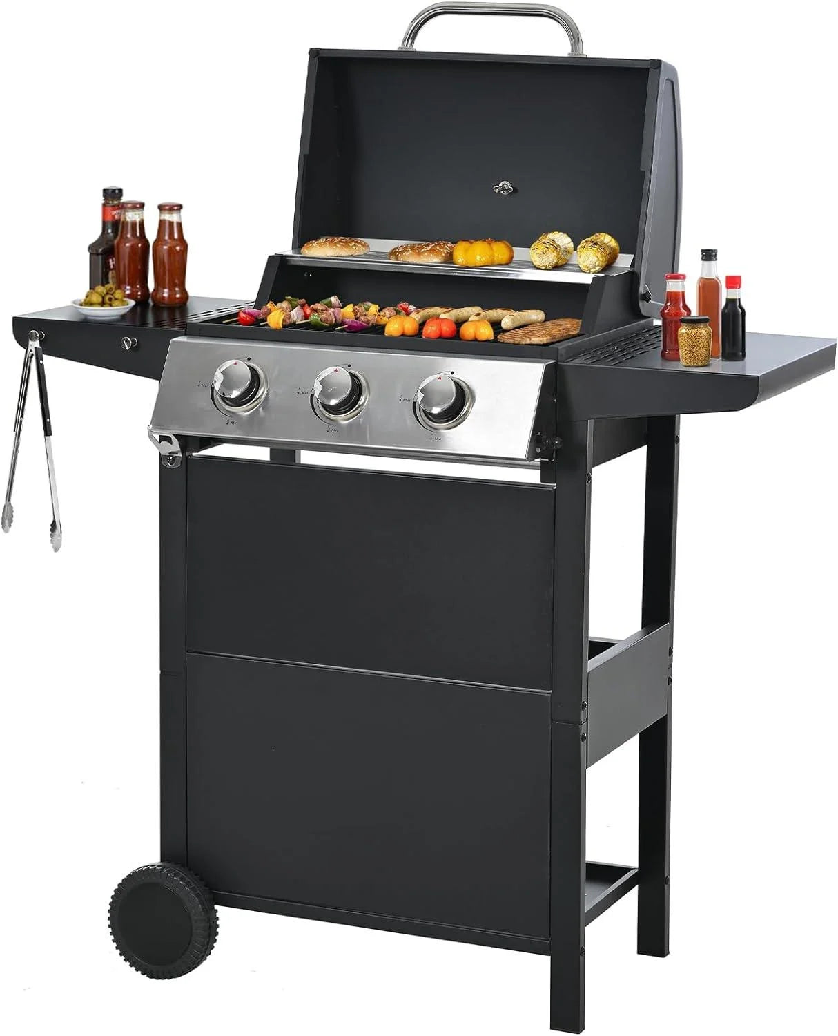 Syngar 3-Burner Propane Gas Grill, Stainless Steel BBQ Grill with Thermometer for Outdoor Party, Camping