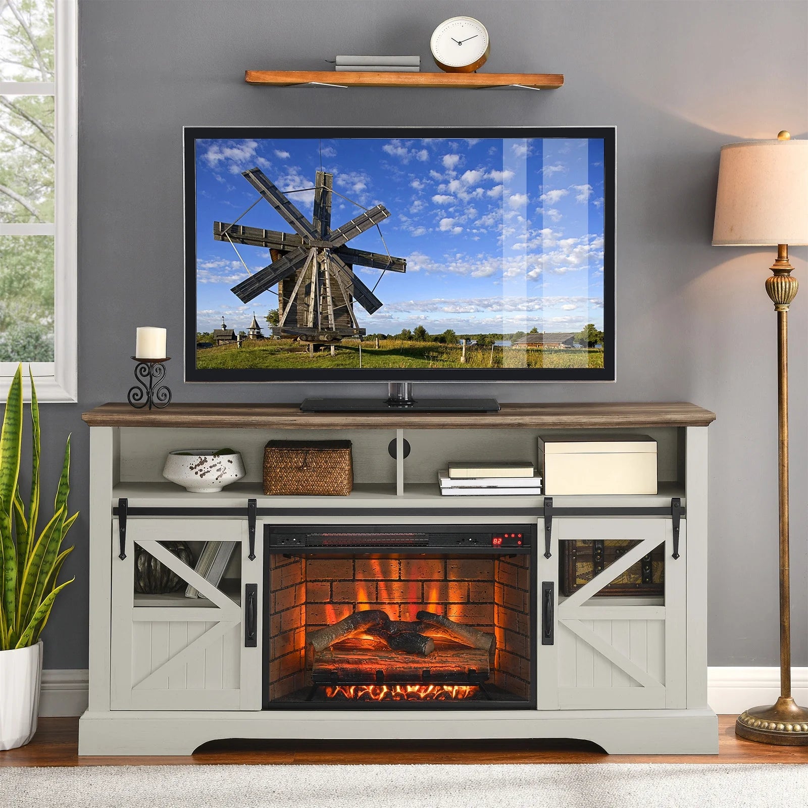 Fireplace TV Stand with Door Sensor£¬Entertainment Center with 26 inch Electric Fireplace£¬Fits up to 65 inch TVs£¬TV Console with Storage,White