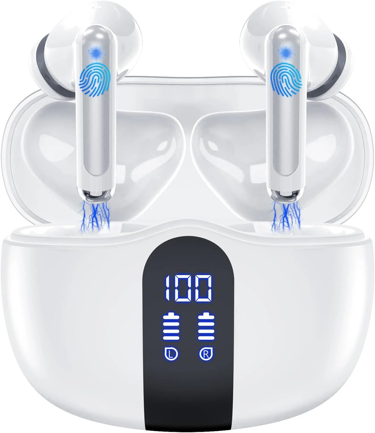 True Wireless Earbuds Bluetooth Headphones 5.3 Bass Boosted Ear Buds 60H Playtime IPX7 Waterproof Bluetooth Earbuds with Charging Case, 4 ENC Mics Earphones for iPhone Android Laptop TV White