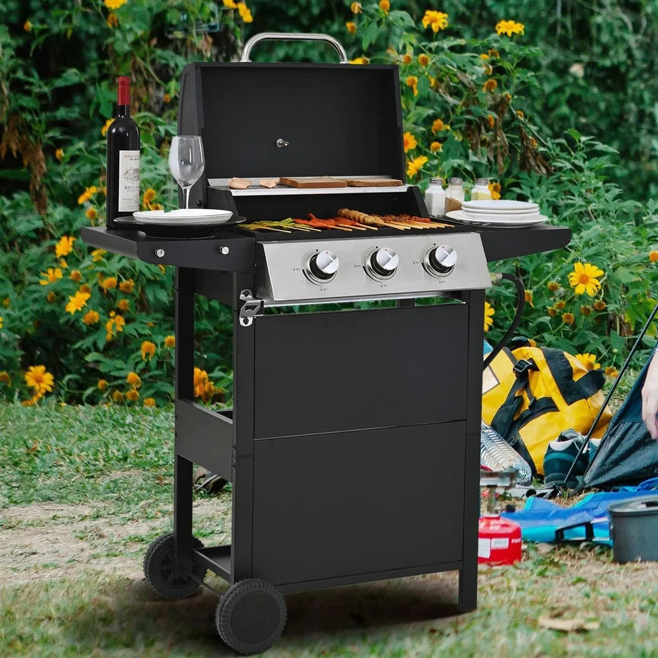3 Burner BBQ Propane Gas Grill, Stainless Steel 25,650 BTU Patio Garden Barbecue Grill with Thermometer, Patio and Garden Propane Gas Grill, Perfect for Camping, Outdoor Cooking, Black