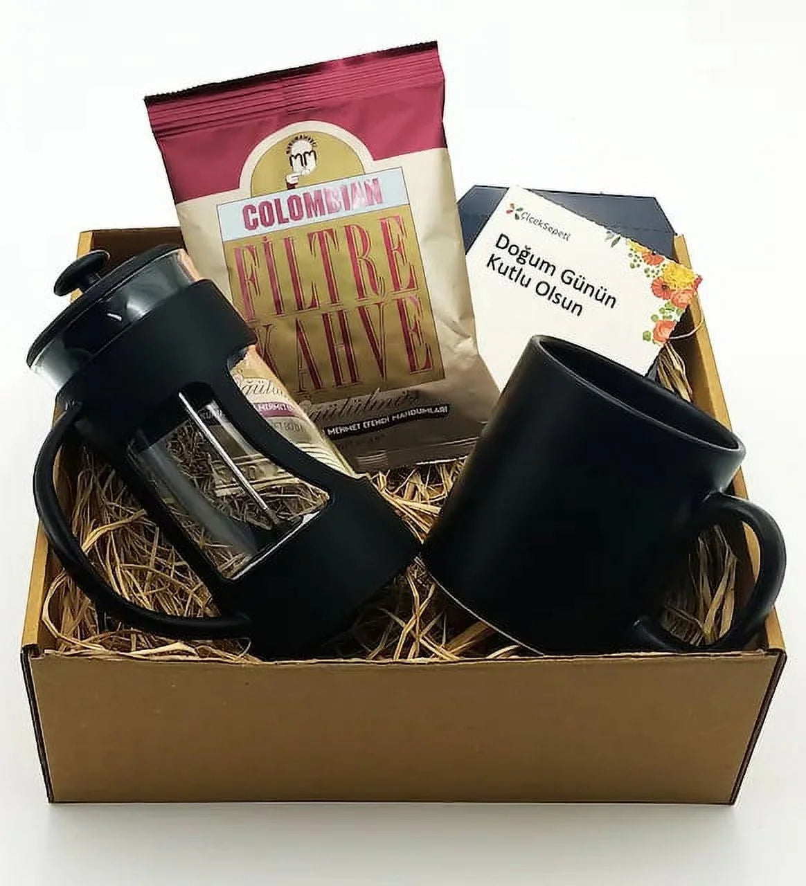 French Press & Black Cup & Colombian Filter Coffee Gift Set