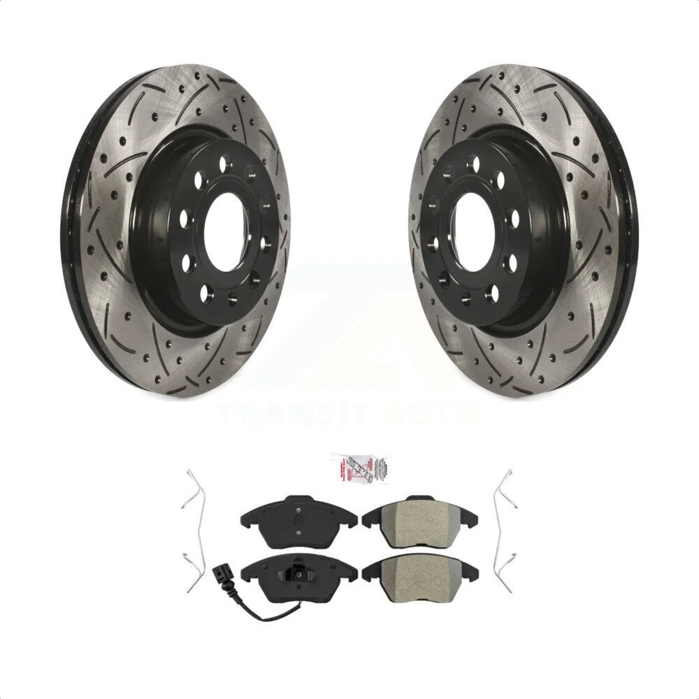 Transit Auto - Front Coated Drilled Slotted Disc Brake Rotors And Semi-Metallic Pads Kit For Volkswagen GTI Audi A3 Quattro With 280mm Diameter Rotor KDA-100085