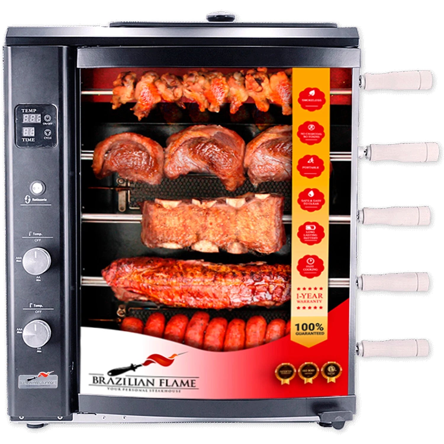 Brazilian Flame Brazilian Gas Rotisserie Grill with 5 Skewers and Upper Tray in Black