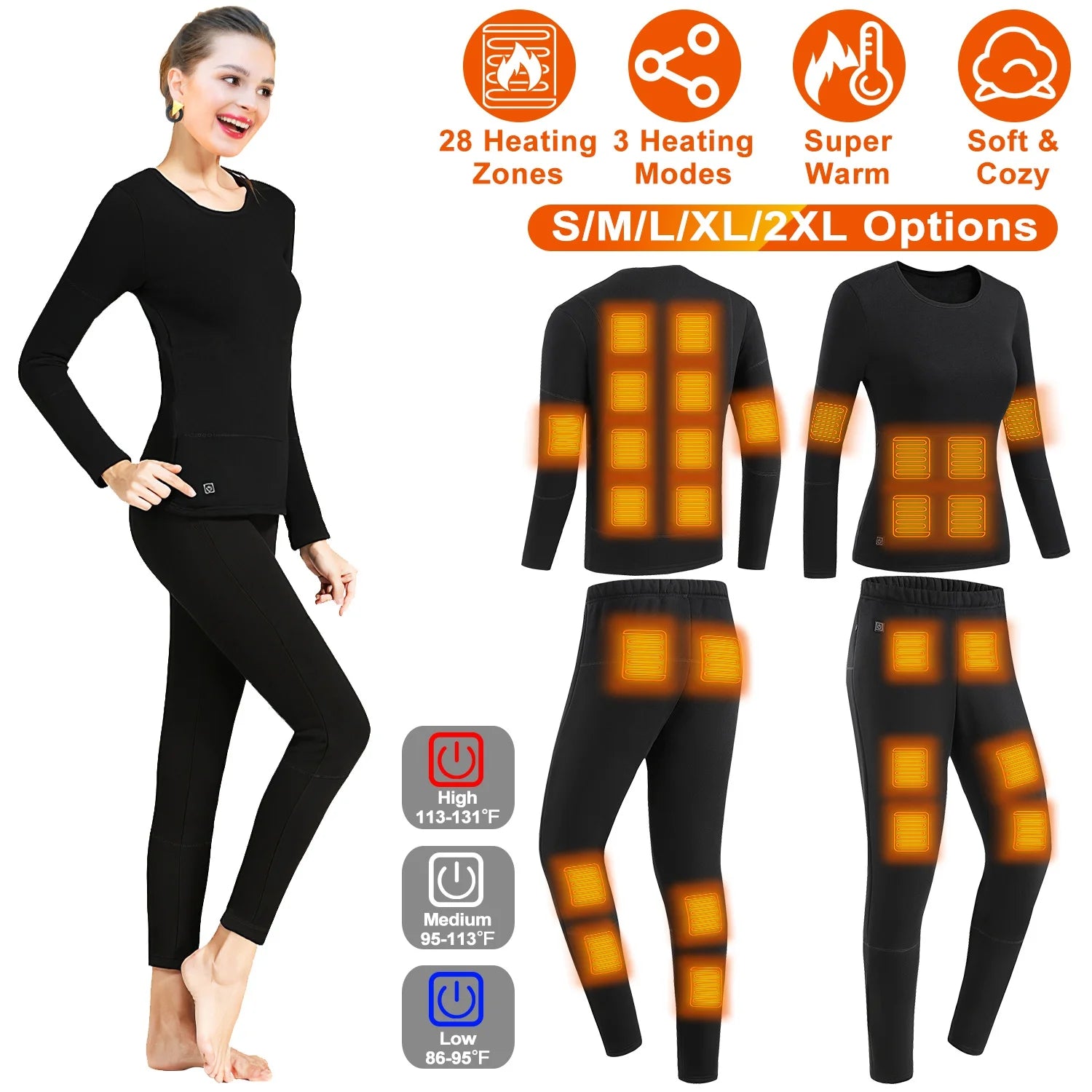 Heated Thermal Underwear set, iMounTEK Rechargeable USB Heating Snow Leggings, Heated Top Bottom Set, 28 Heating Zones Temperature Adjustable Heating Clothing for Women, XXL