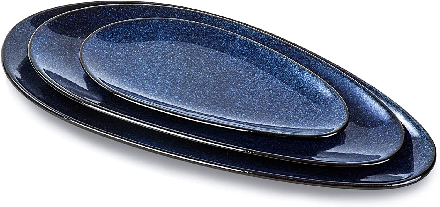 Vicrays Large Oval Serving Platters, 16/14/10 Porcelain Serving Platters Stackable Serving Trays Serving Plates for Party, BBQ, Appetizers, Sushi, Restaurant, Dessert, Set of 3, Blue