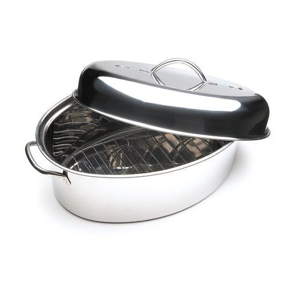 Fox Run Brands 10 Quart High Domed Roaster with Lid and Roasting Rack, Stainless Steel