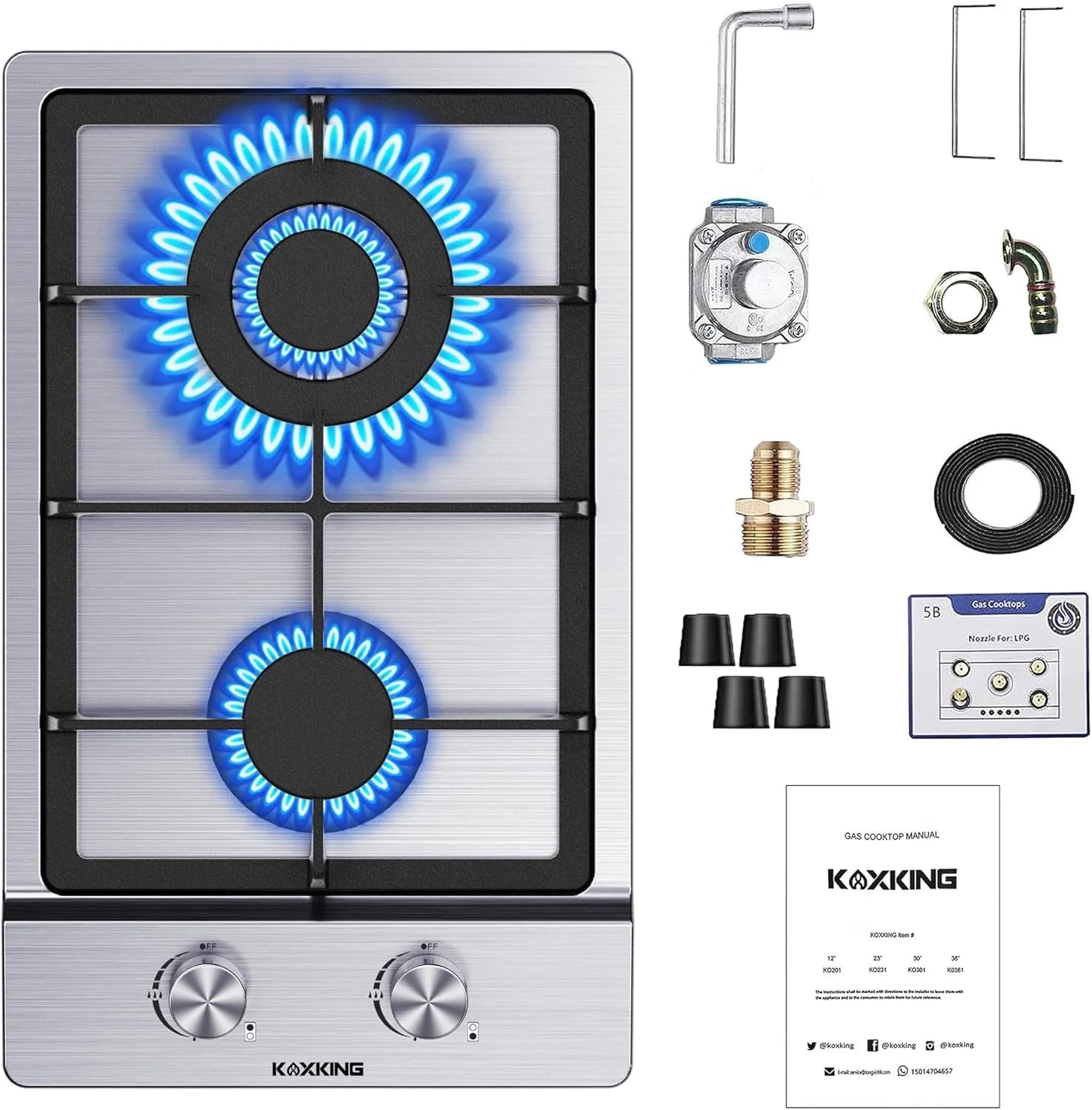 KOXKING 2 Burner Gas Cooktop, 12 Inch NG/LPG Dual Fuel  Gas Stove Top, Stainless Steel Propane Cooktop with Thermocouple Protection, Bulit-in Gas Hob