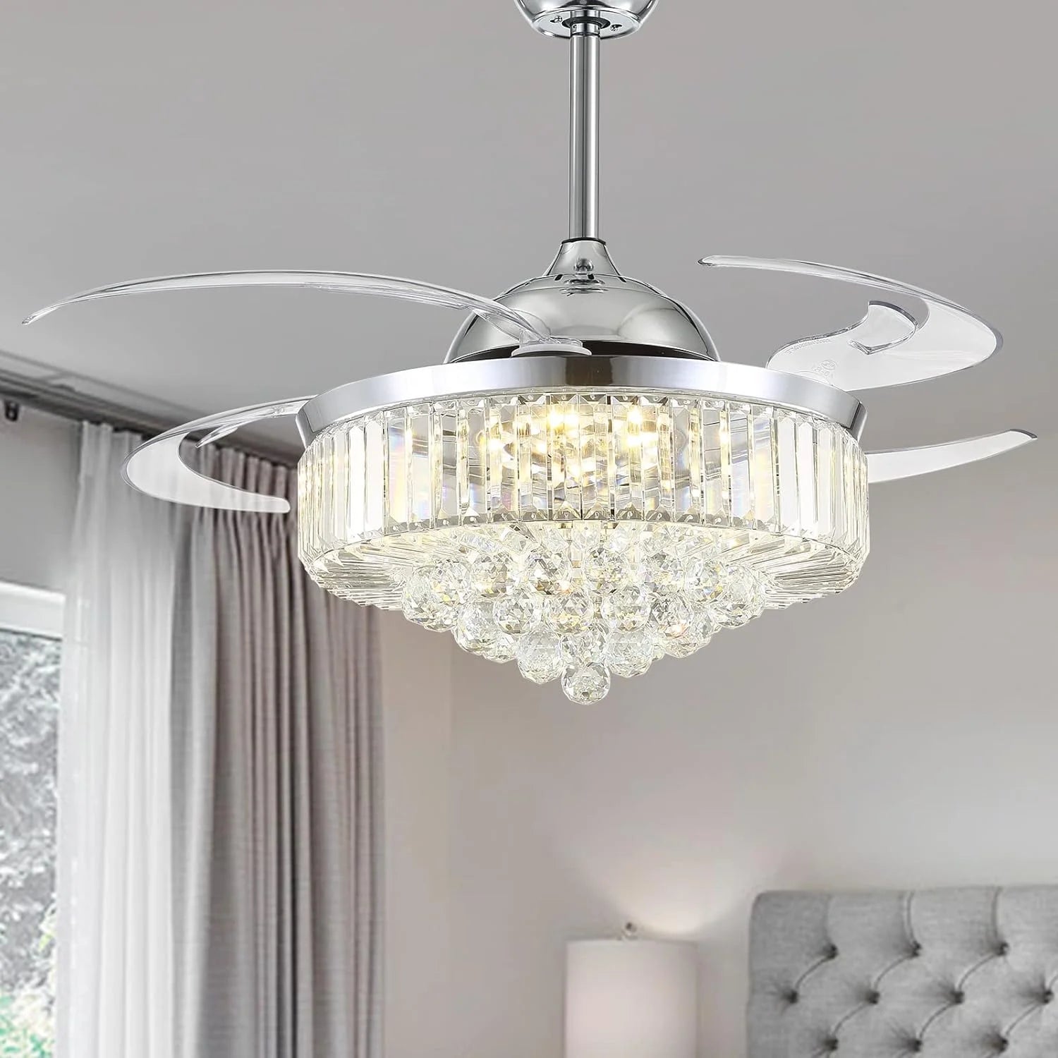 HOOMEDELIER 48 Crystal Ceiling Fan with Light, Retractable 4 Blades Chandelier Fan with Remote , Dimmable Chandelier for Indoor