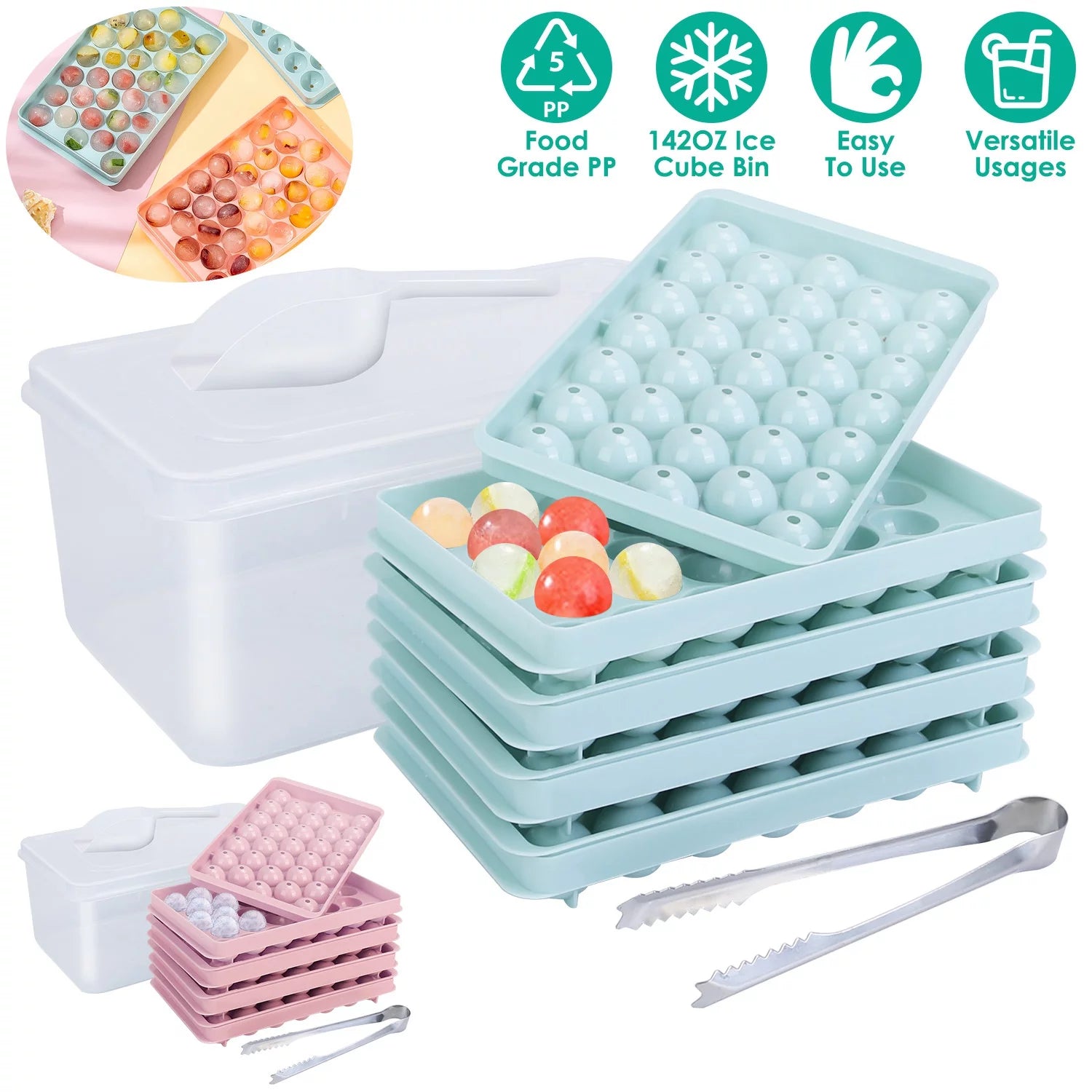 Ice Ball Maker Mold, iMounTEK Mini Round Ice Cube Tray with Lid for Freezer 1in X 132PCS Sphere Ice Chilling Cocktail Whiskey Tea & Coffee, 4 Trays 1 x Ice Bucket&Scoop&Tong-Blue