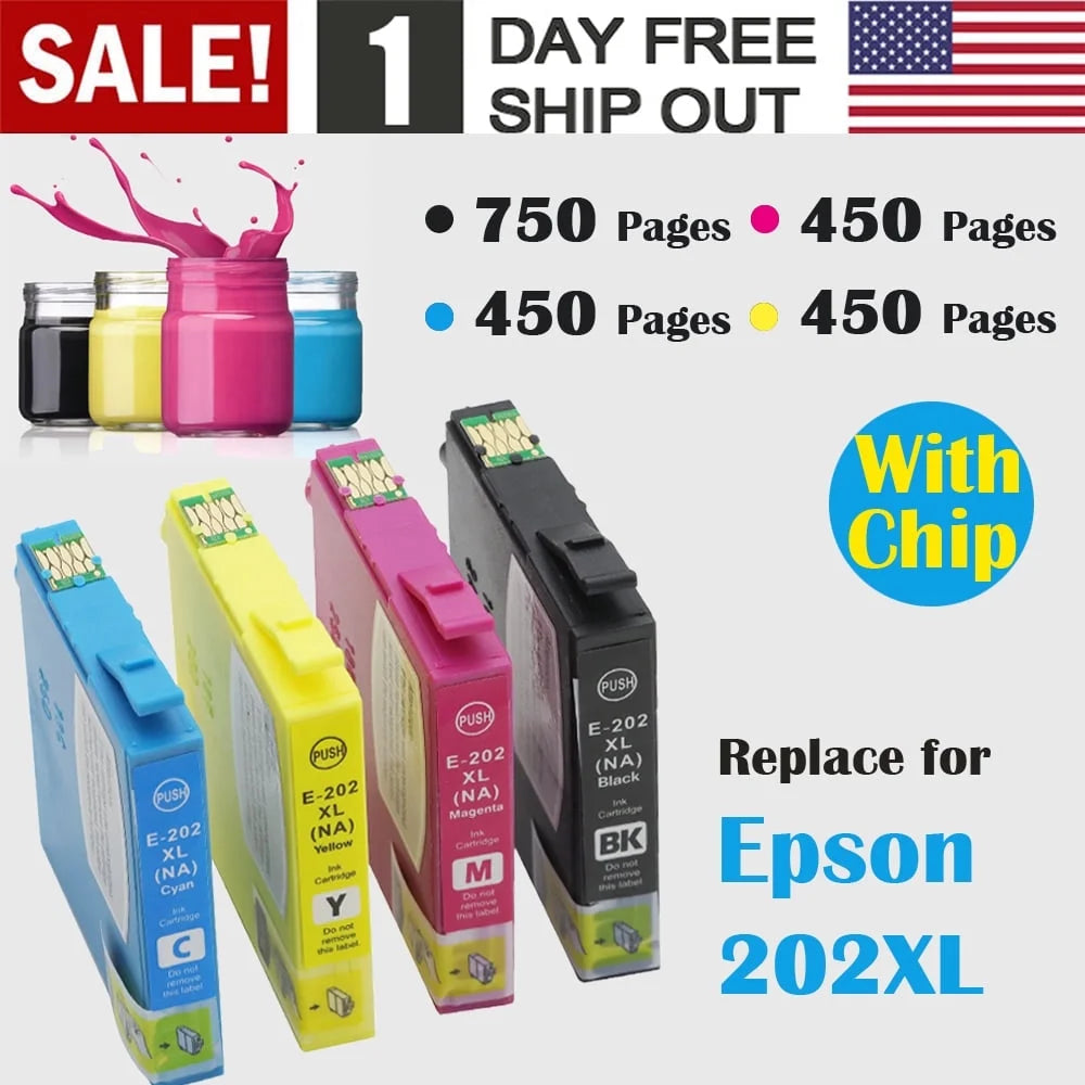 202 XL Ink Cartridge (with Chip) for Epson 202 202XL T202 Ink Cartridge for Workforce WF-2860 Expression Home XP-5100 All-in-one Printer (4-Pack), Black, Cyan, Magenta, Yellow
