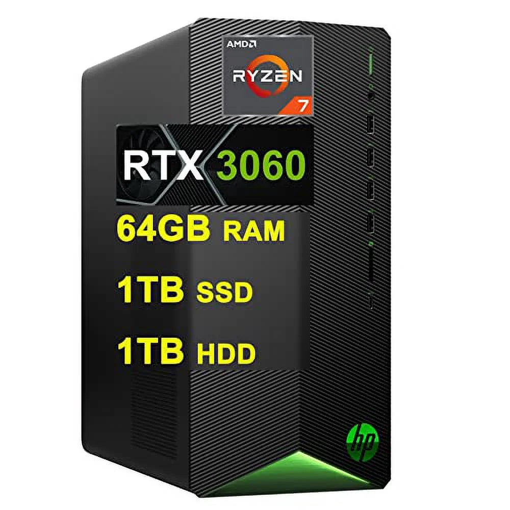 HP Pavilion Gaming Desktop Computer AMD 8-Core Ryzen 7 5700G Processor (Beats i7-10700) 64GB RAM 1TB SSD + 1TB HDD GeForce RTX 3060 12GB USB-C DiplayPort Win10 Black + HDMI Cable