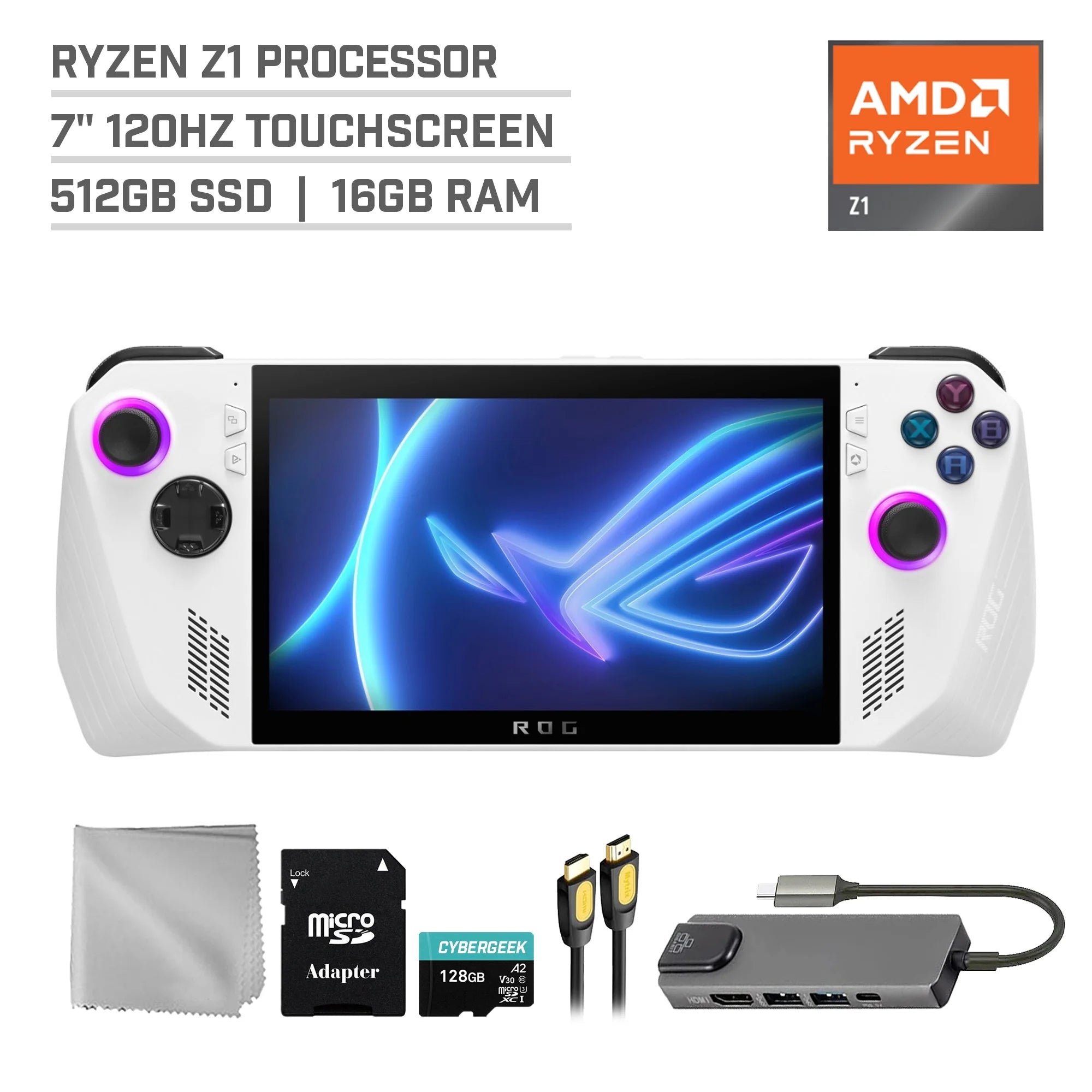 ASUS ROG Ally 512GB Gaming Handheld 7-inch Touchscreen 120Hz FHD 1080p AMD Ryzen Z1 Processor, Mytrix Hub, 128GB MicroSD Card, 4 Accessories: 5 in 1 Bundle
