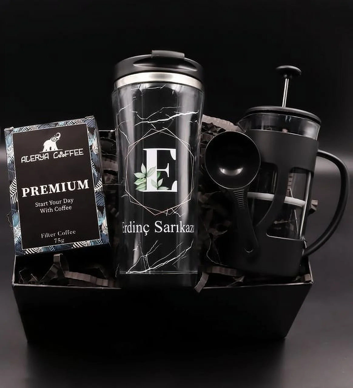 Personalized 450 ml Marble Patterned Steel Thermos & Black French Press & Alerya Premium Filter Coffee Gift Set