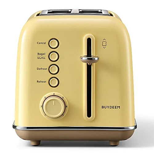 BUYDEEM DT620 2-Slice Toaster, Extra Wide Slots, Retro Stainless Steel with High Lift Lever, Bagel and Muffin Function, Removal Crumb Tray, 7-Shade Settings (Mellow Yellow, 2-Slice)
