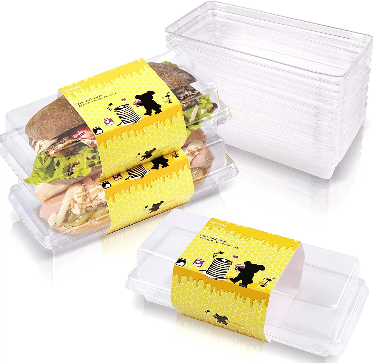 Kalolary 50 PCS Clear Cake Box Set Hot Dog Sandwich Clear Lid Plastic Container Swiss Roll container Bread Salad Sushi Fruits Food Storage Holder