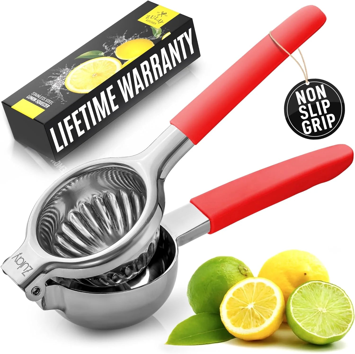 Zulay Kitchen Stainless Steel Lemon Squeezer Manual Citrus Press Juicer and Lime Squeezer - Red