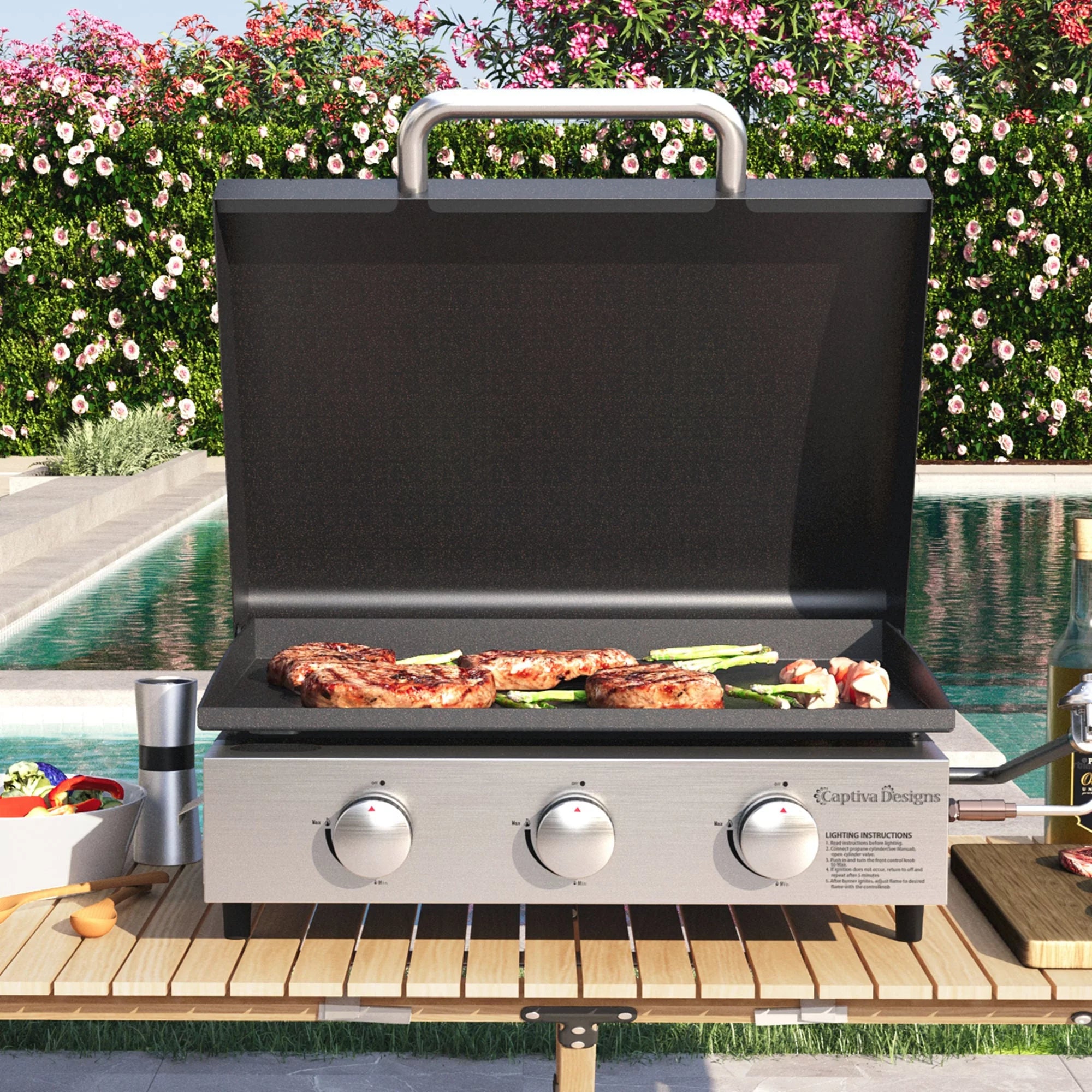 Sophia & William 3-Burners Gas Griddle Portable Flat Table Top BBQ Grill 24,000 BTU