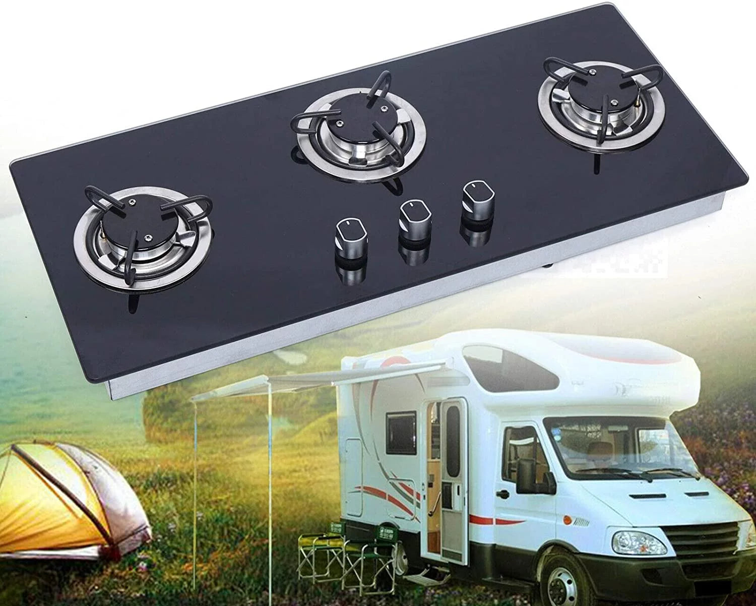 WUZSTAR RV Boat Caravan Camper 3 Burners LPG Gas Stove Hob with Tempered Glass Cooktop for Outdoor