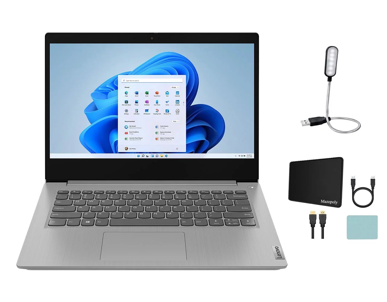 Lenovo IdeaPad 3 14 FHD LED-Backlit Laptop Computer, Intel Core i3 11th Gen 1115G4 1.7GHz Processor, 12GB RAM, 256GB SSD, Intel UHD Graphics, Windows 11 Home,  Platinum Grey + Mazepoly Accessories