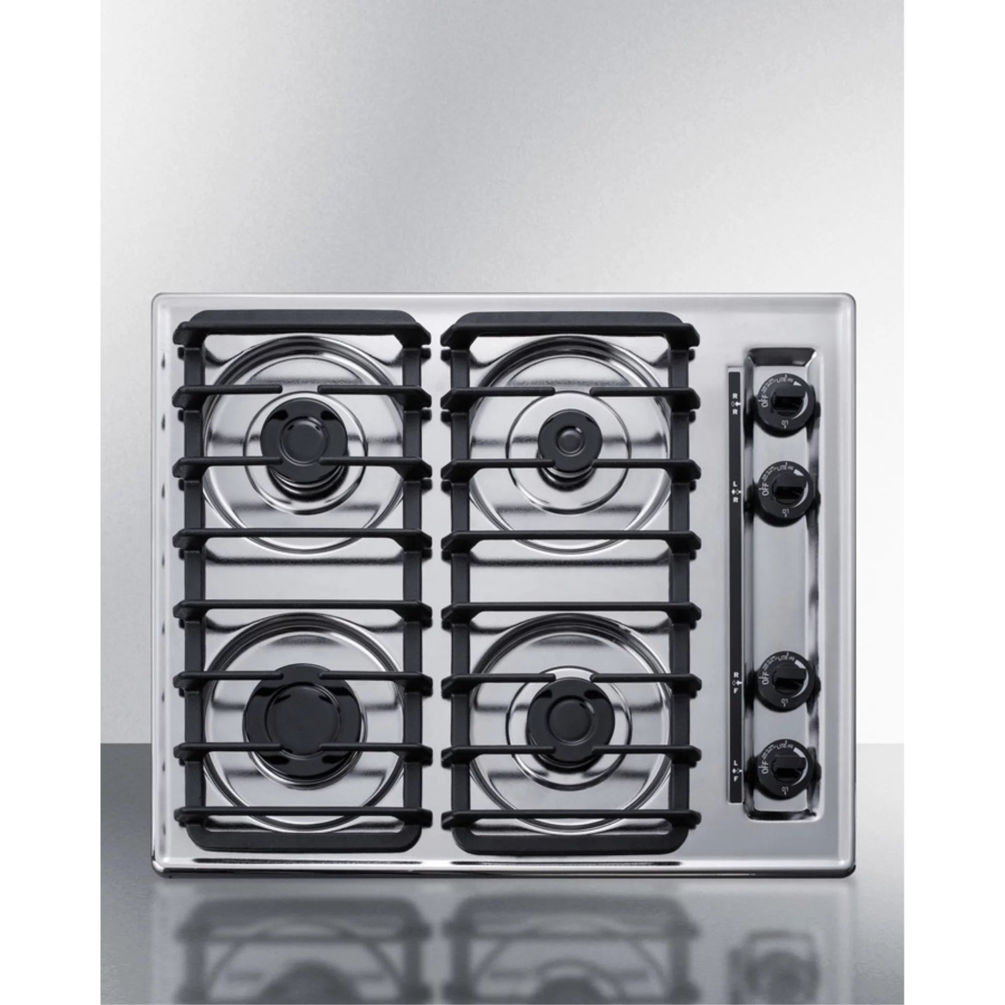 24 wide gas cooktop with four sealed burners, chrome surface, and cast iron grates; made in the USA