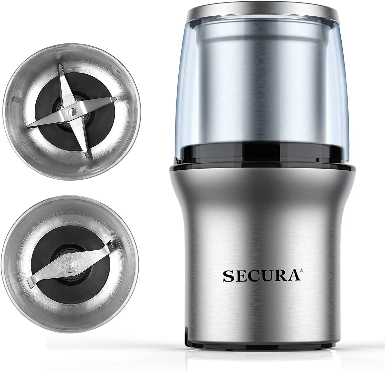 Secura Electric Coffee Grinder and Spice Grinder with 2 Stainless Steel Blades Removable Bowls