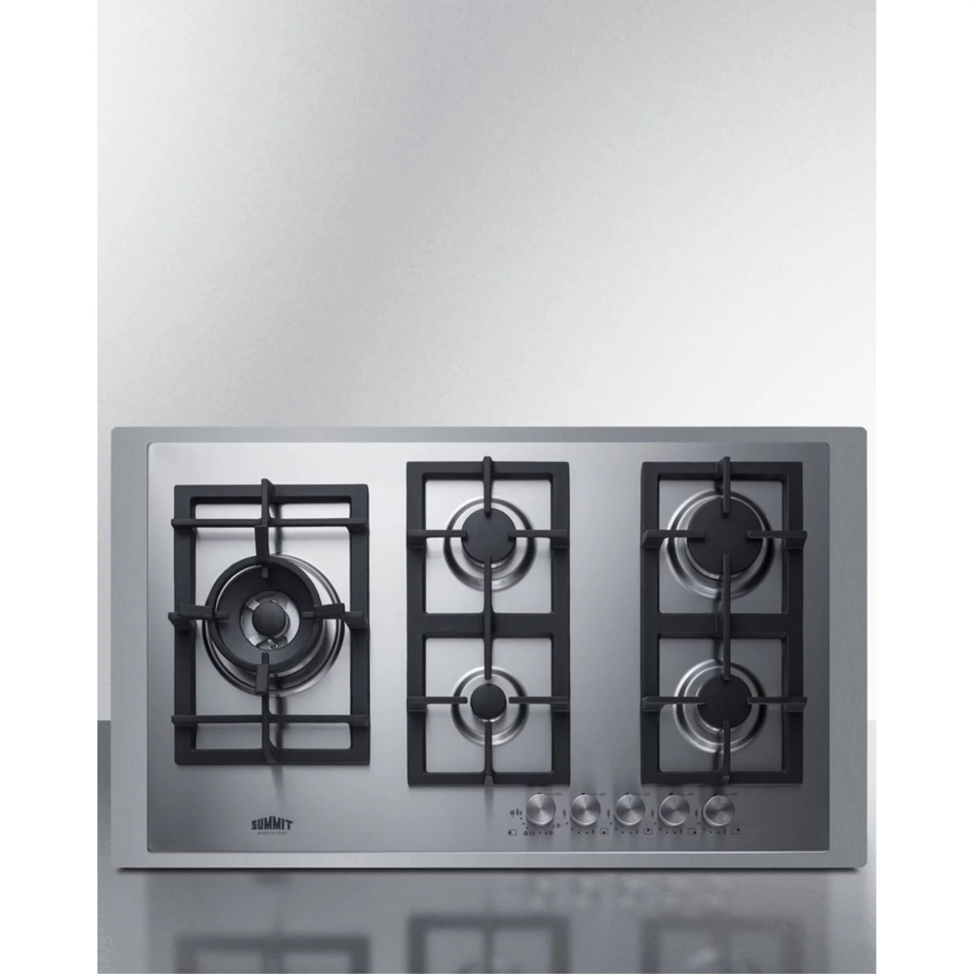 5-burner gas cooktop made in Italy in stainless steel with 36 wide SS trim kit, sealed dual flame burner, cast iron grates, and wok stand