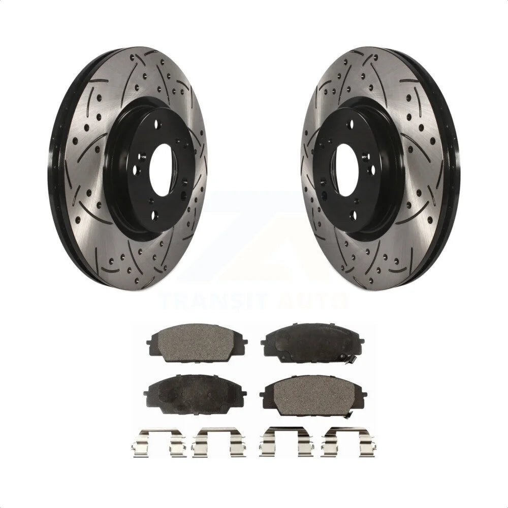 Transit Auto - Front Coated Drilled Slotted Disc Brake Rotors And Semi-Metallic Pads Kit For Honda Civic Acura RSX CSX KDF-100069