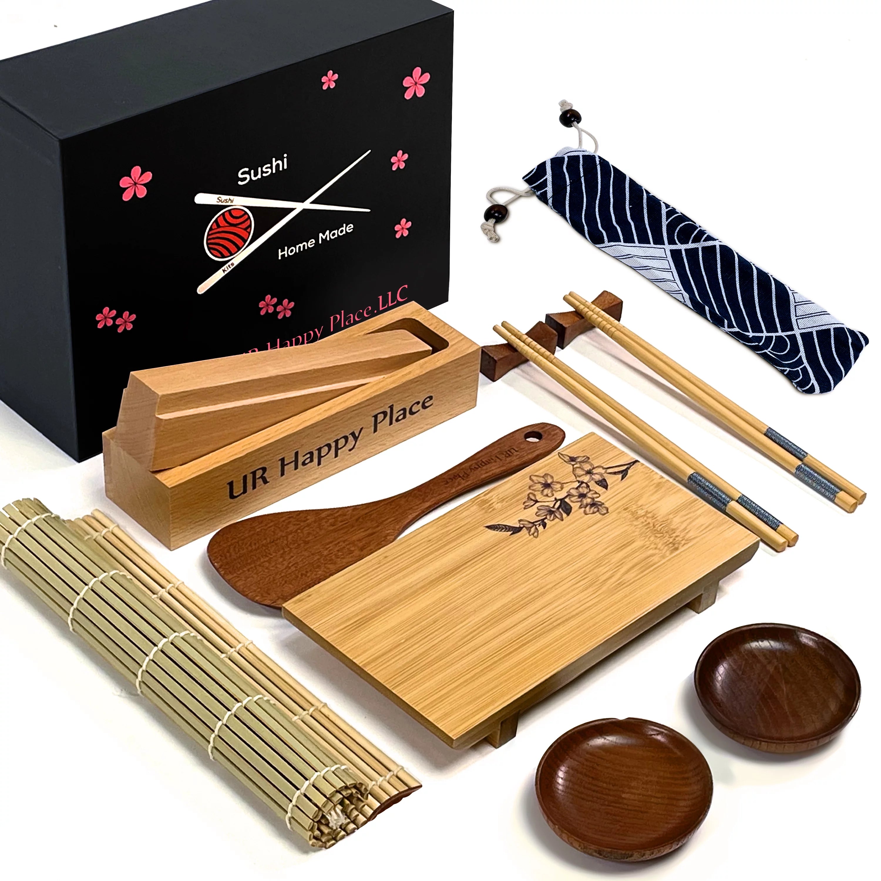 UR Happy Place Luxury Sushi Making Kit for Beginners Home Use -All Natural Wood Products,15PCS