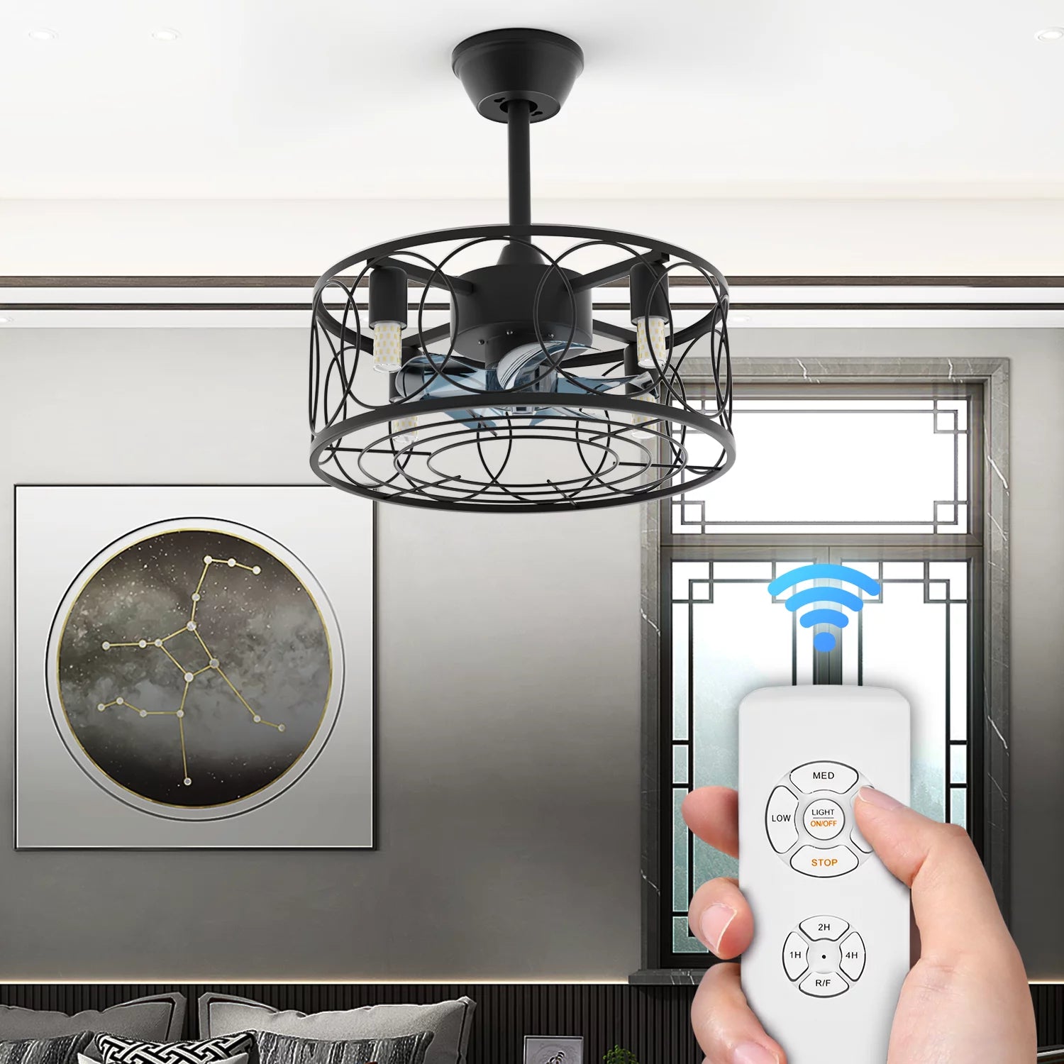 mollie 18 Flush Mount Caged Ceiling Fan with Remote Control, Reversible Low Profile Ceiling Fan without Light Bulbs for Living Room Kitchen Bedroom, Black