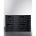 30 wide cooktop with four sealed burners, black porcelain finish, and cast iron grates; made in the USA