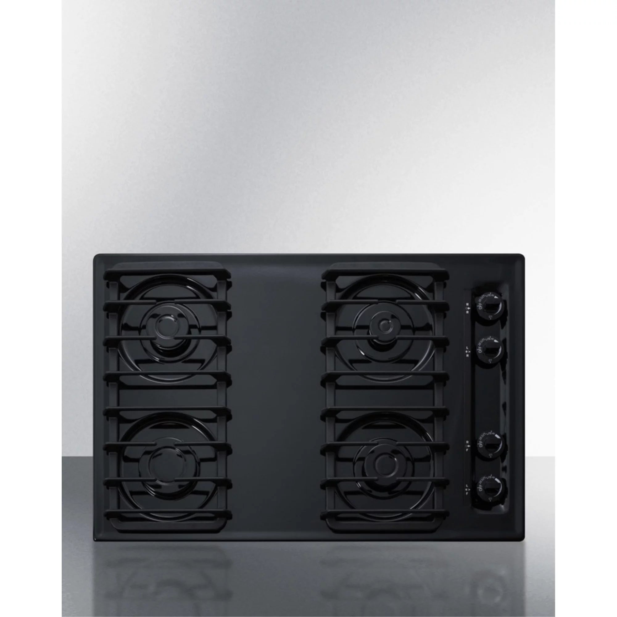 30 wide cooktop with four sealed burners, black porcelain finish, and cast iron grates; made in the USA