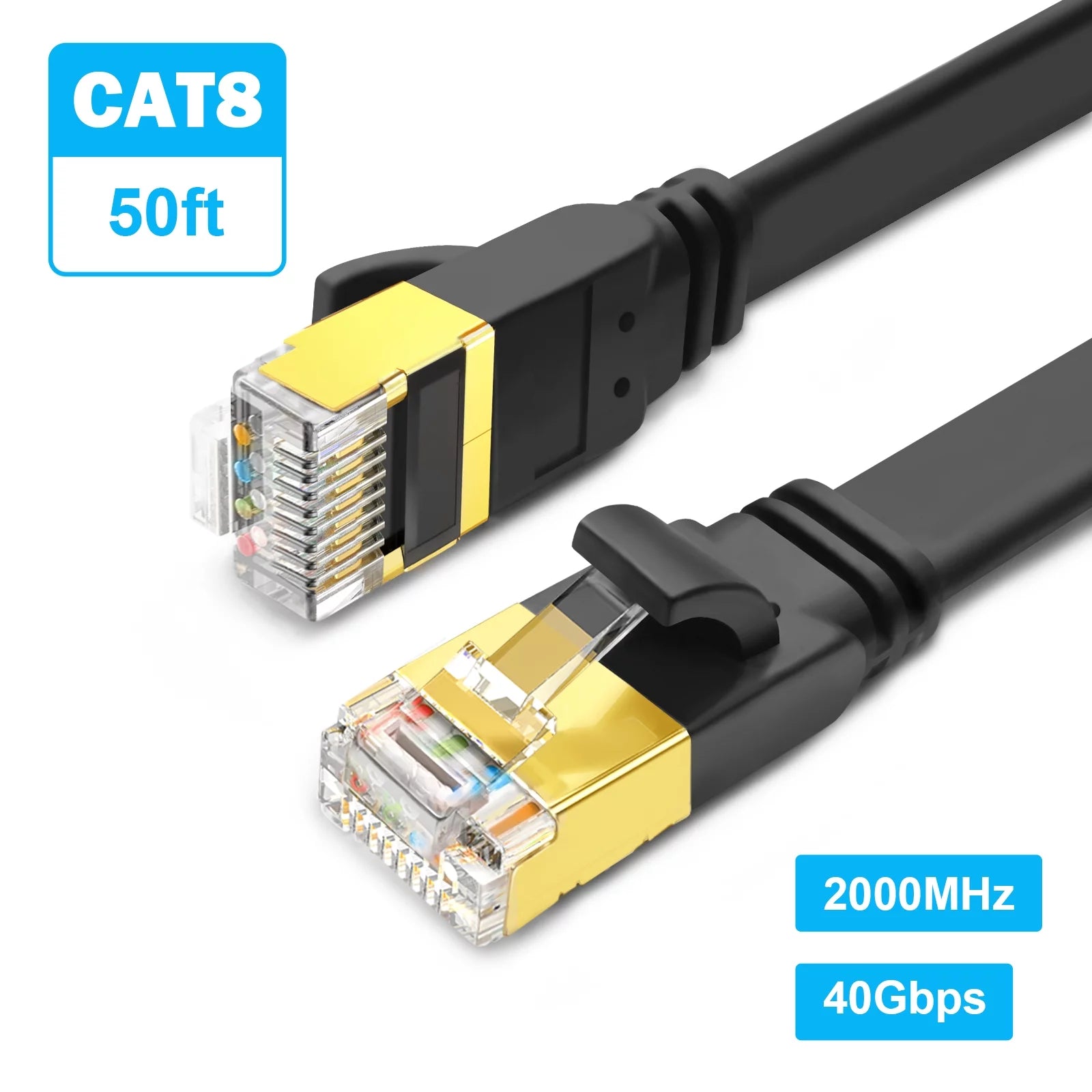 Yauhody CAT8 Ethernet Cable 50ft, High Speed 40Gbps 2000MHz SFTP Flat Internet Network LAN Cable with Gold Plated RJ45 Connector for Router, Modem, PC, Switches, Hub, Gaming, PS5/4 (Black, 50ft/15m)