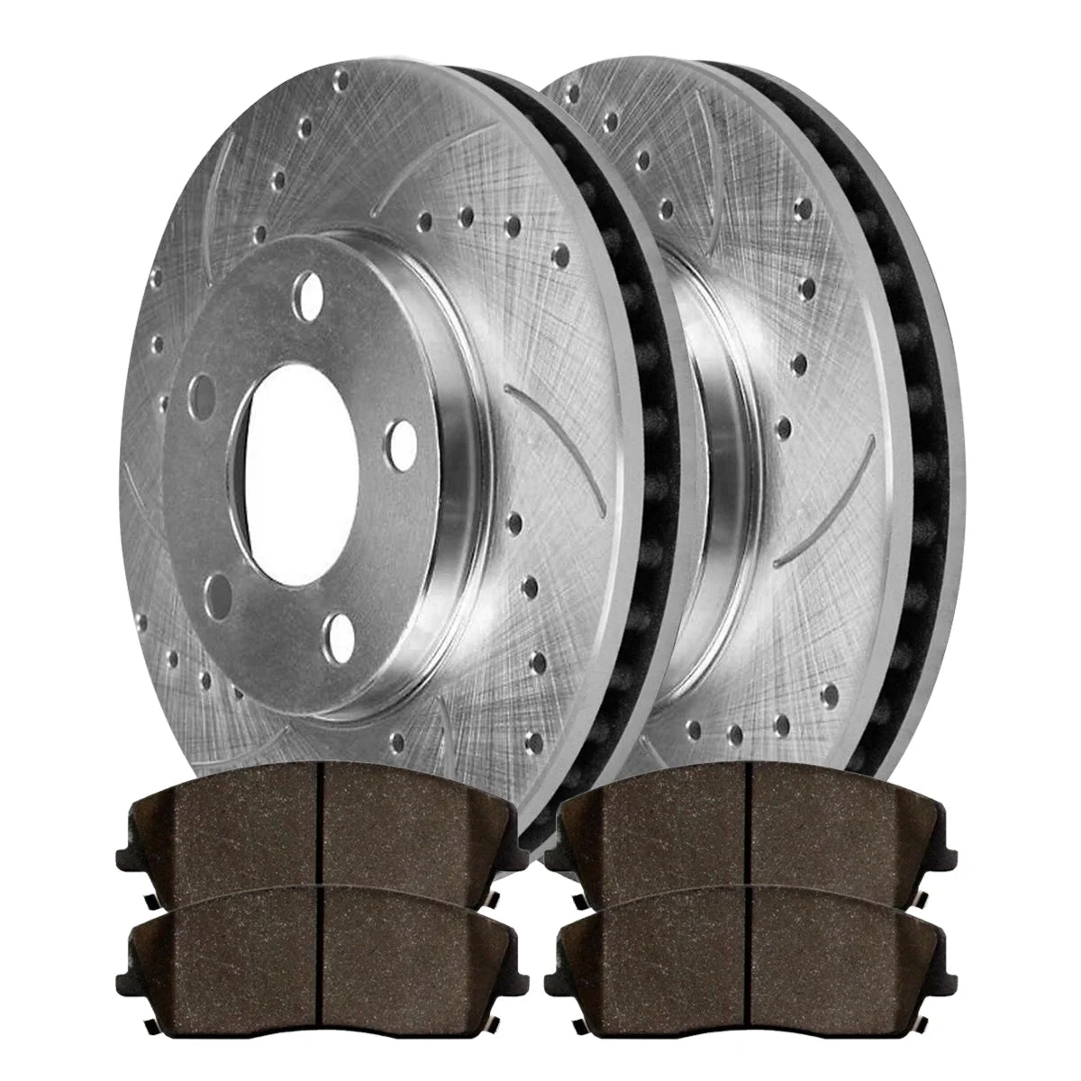 AutoShack Front Drilled Slotted Brake Rotors Silver & Performance Pads Kit Replacement for 2005-2008 Dodge Magnum 2006-2013 Charger 2009-2013 Challenger 2005-2013 Chrysler 300 2.7L 3.5L 3.6L AWD RWD