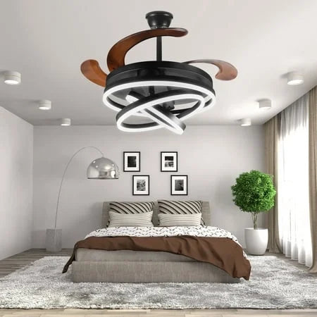 JahyShow 42'' Retractable Ceiling Fans with Lights and Remote,Modern LED Semi Flush Fan Light,Retractable Geometric Ceiling Fan 3 Color 6 Speed Smart Pendant Light