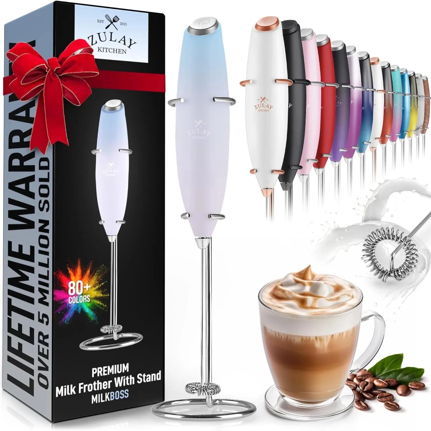 Zulay Kitchen Powerful Milk Frother Handheld Foam Maker for Lattes - Whisk Drink Mixer for Coffee, Mini Foamer for Cappuccino, Frappe, Matcha, Hot Chocolate  Coffee Creamer by Milk Boss (Black)