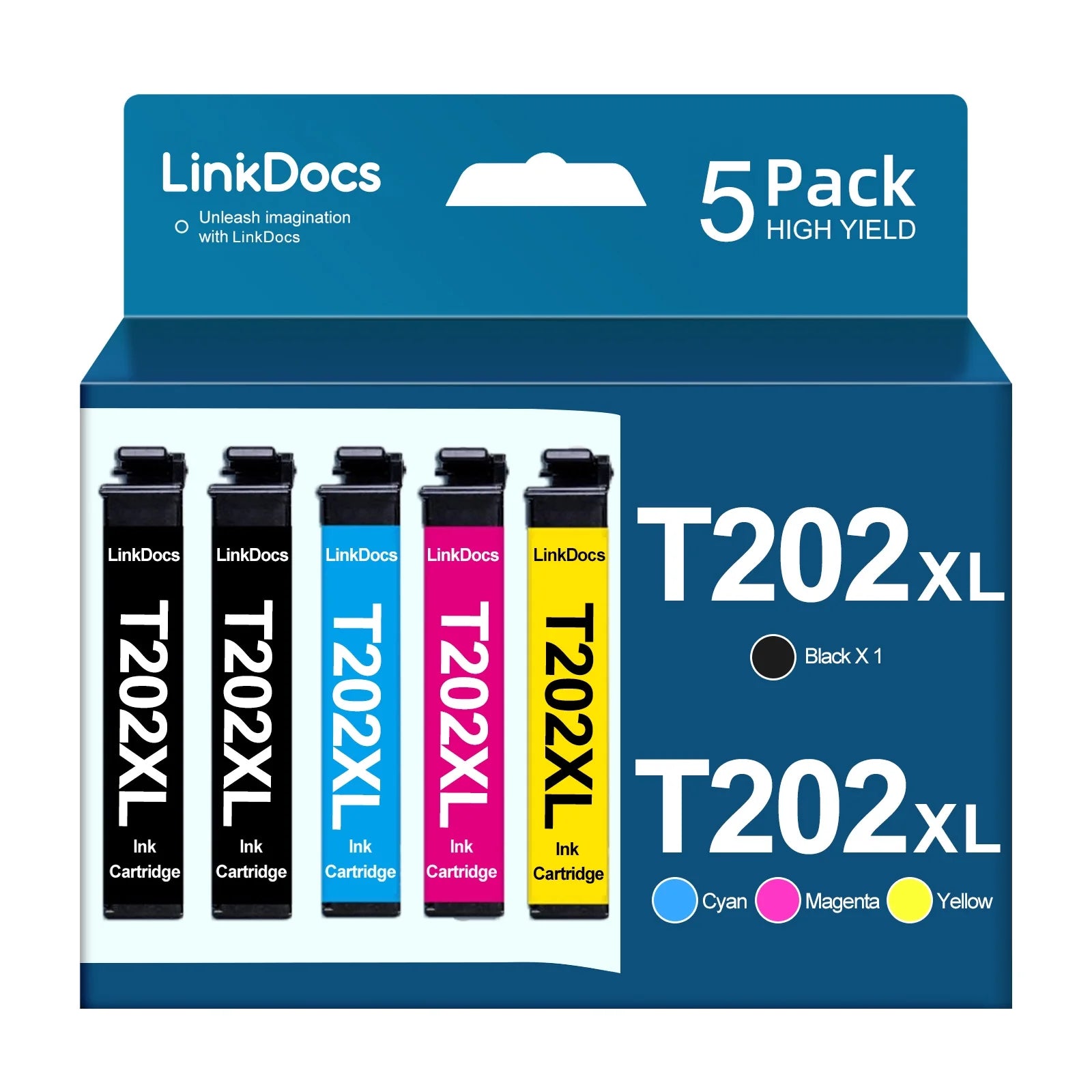LinkDocs 202 XL Ink Cartridge for Epson 202 202XL T202 Ink Cartridgefor Workforce WF-2860 Expression Home XP-5100 All-in-one Printer ink( Black Cyan Magenta Yellow, 5-Pack)