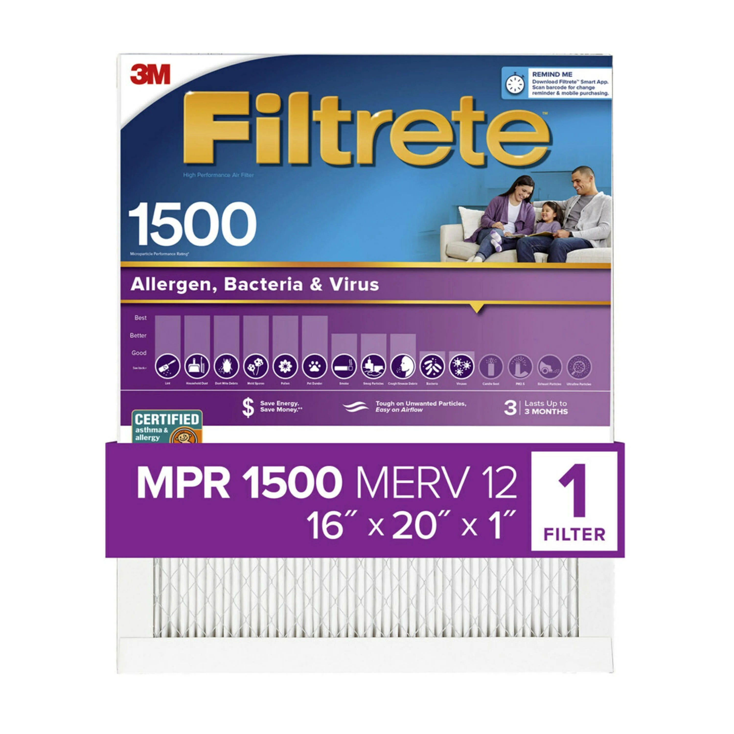 Filtrete 16x20x1 Air Filter, MPR 1500 MERV 12, Allergen, Bacteria and Virus, 1 Filter