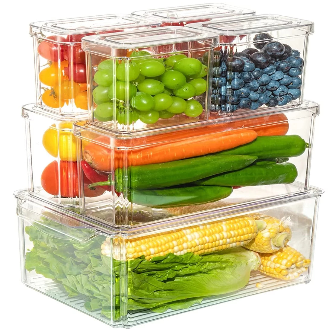 Annvchi Refrigerator Bins Fridge Organizer with Lid (7 Pieces), Stackable Storage Drawer Fridge Organizer, Fruit Container for Fridge, Bisphenol a Free