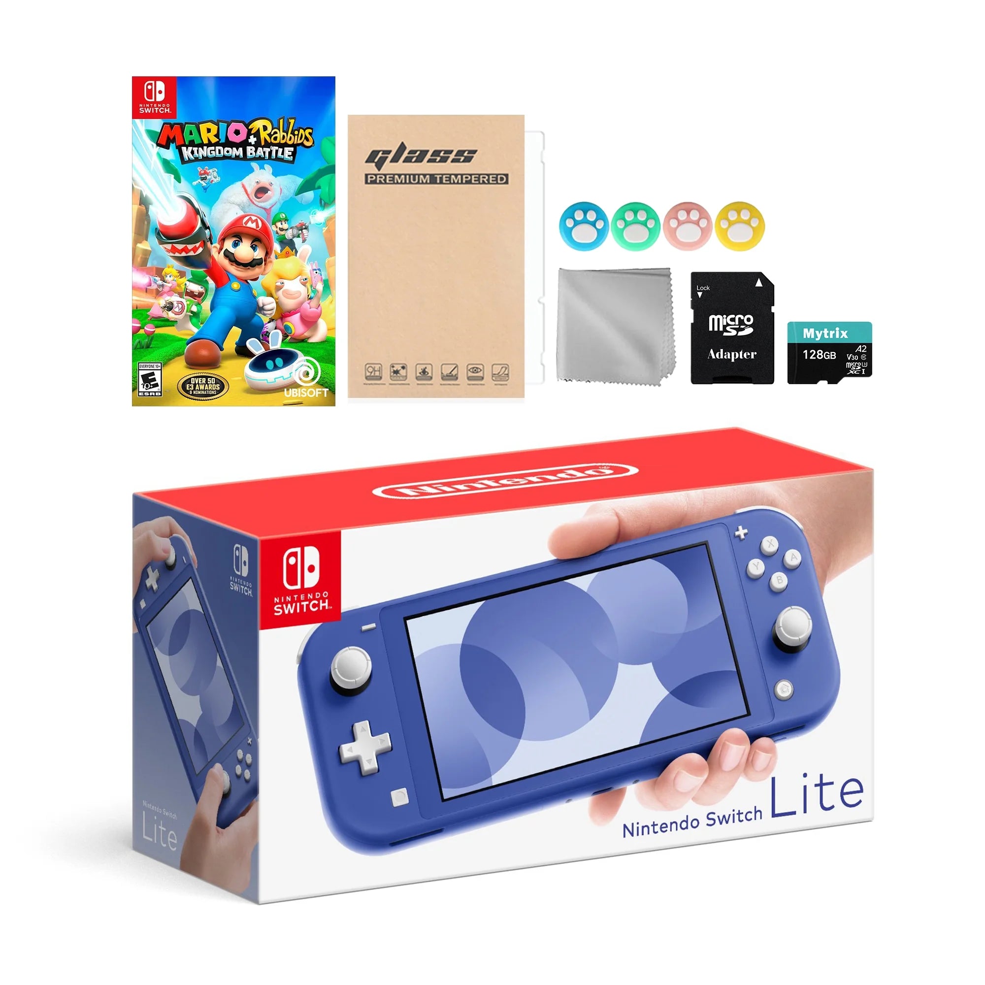 Nintendo Switch Lite Blue, Mario Rabbids Kingdom Battle, Mytrix 128GB MicroSD Card & Accessories