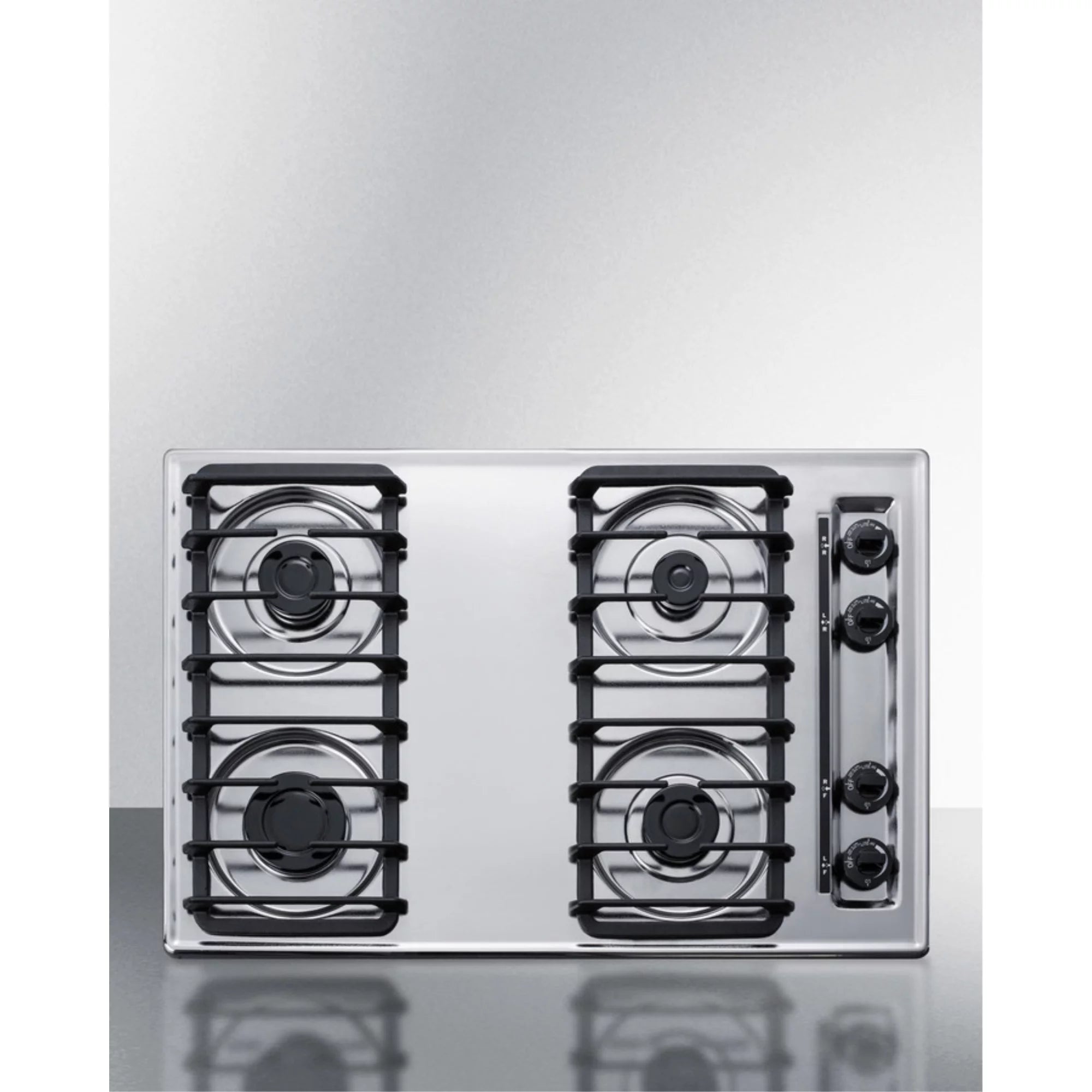 30 wide gas cooktop with four sealed burners, chrome surface, and cast iron grates; made in the USA