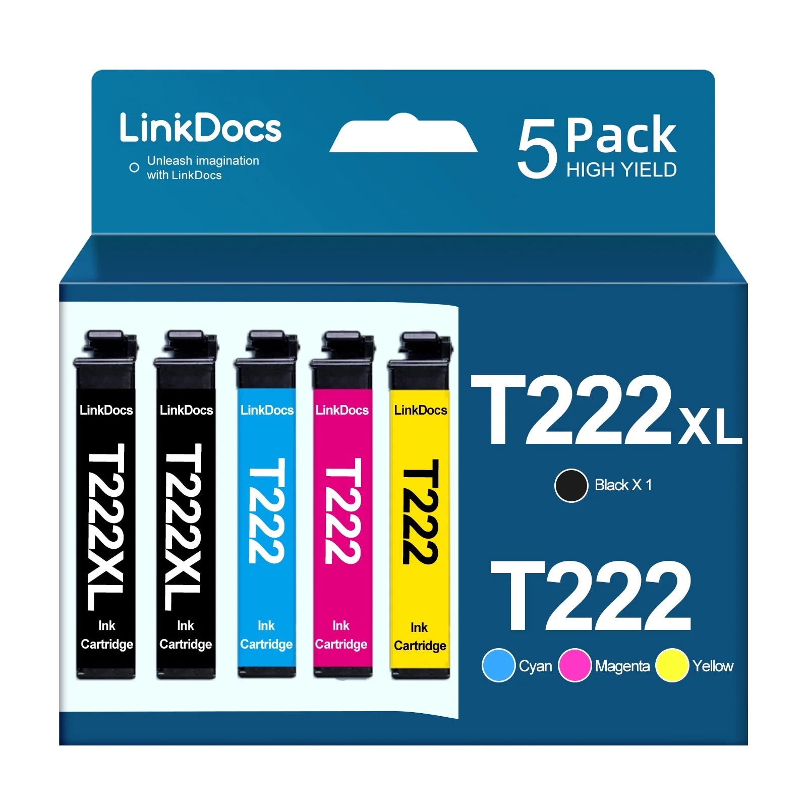 LinkDocs 222XL Ink Cartridge Replacement for Epson 222 Ink Cartridges 222XL for Expression Home XP-5200 Workforce WF-2960 Printer (Black, Cyan, Magenta, Yellow, 5 Pack)