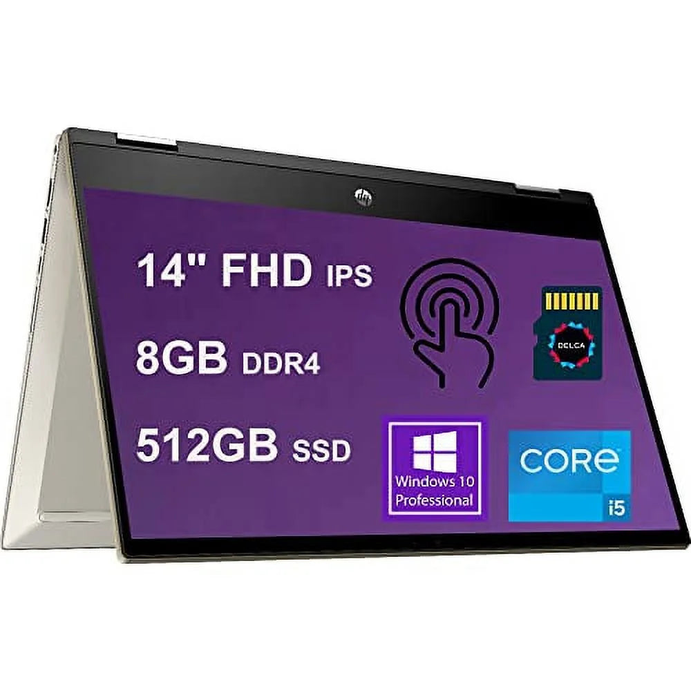 HP Premium Pavilion X360 14 2-in-1 Laptop 14 FHD IPS Touchscreen | 11th Gen Intel 4-Core i5-1135G7 (> i7-1065G7) | 8GB DDR4 512GB SSD | Backlit Fingerprint USB-C Win10 Pro Gold + 32GB Micro SD Card