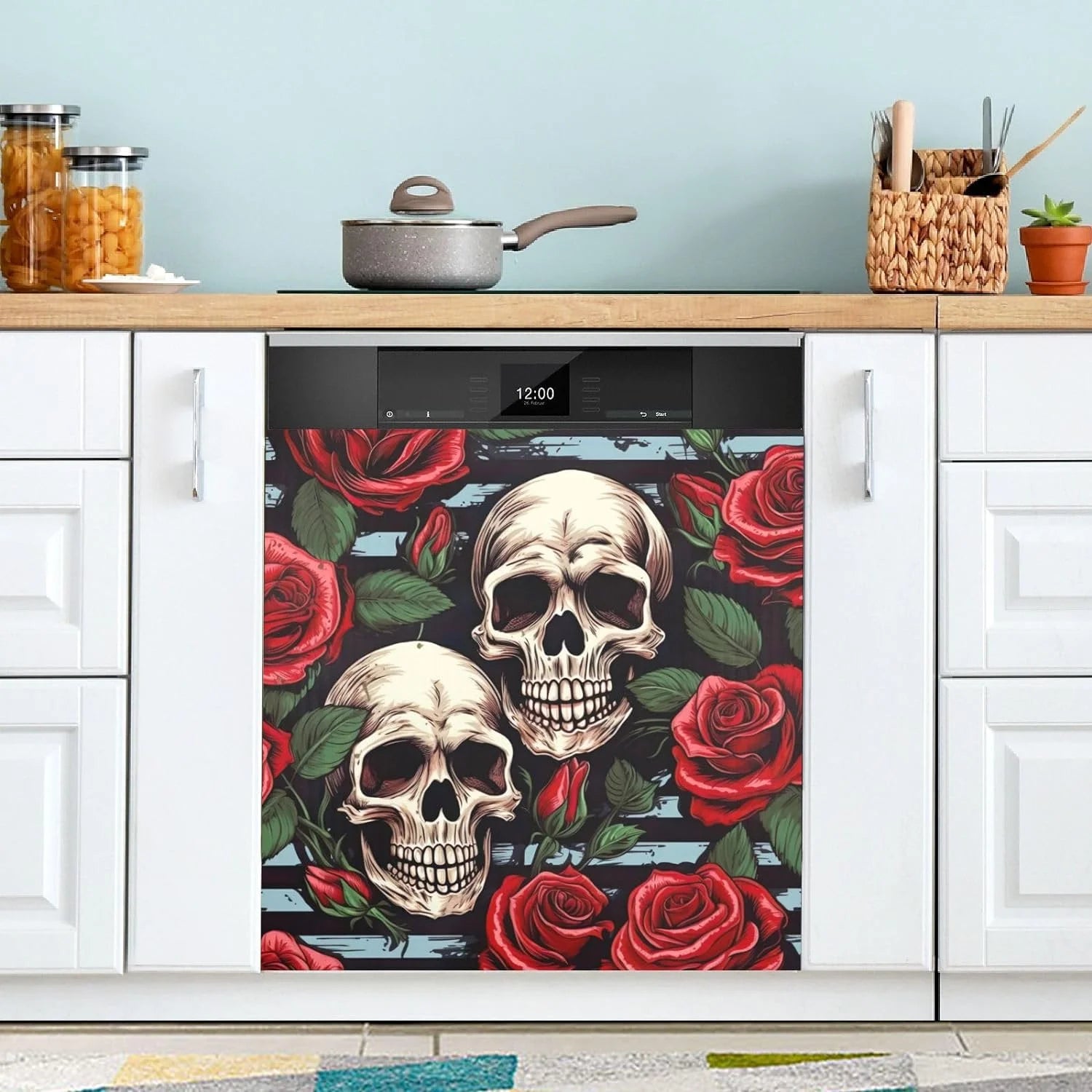 Beautiful Rose and Skull Dishwasher Door Cover Reusable Trimmable Kitchen Fridge Front Decal Magnetic Home Refrigerator Magnet Decal Panels 23Wx26H Home Decor