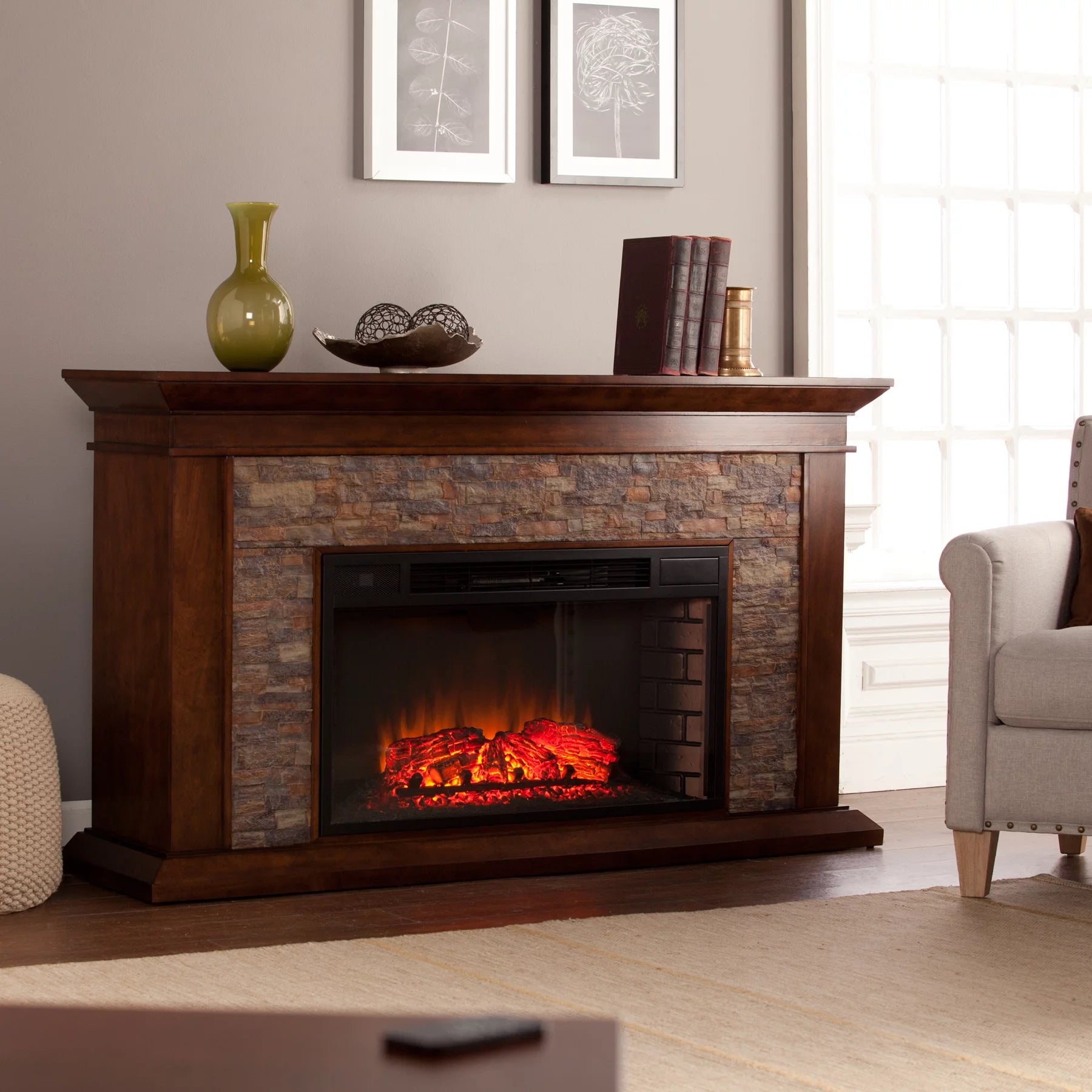 SEI Furniture Canyon Heights Simulated Stone Electric Fireplace 60 x 35.5 Freestanding Indoor Electric Fireplaces