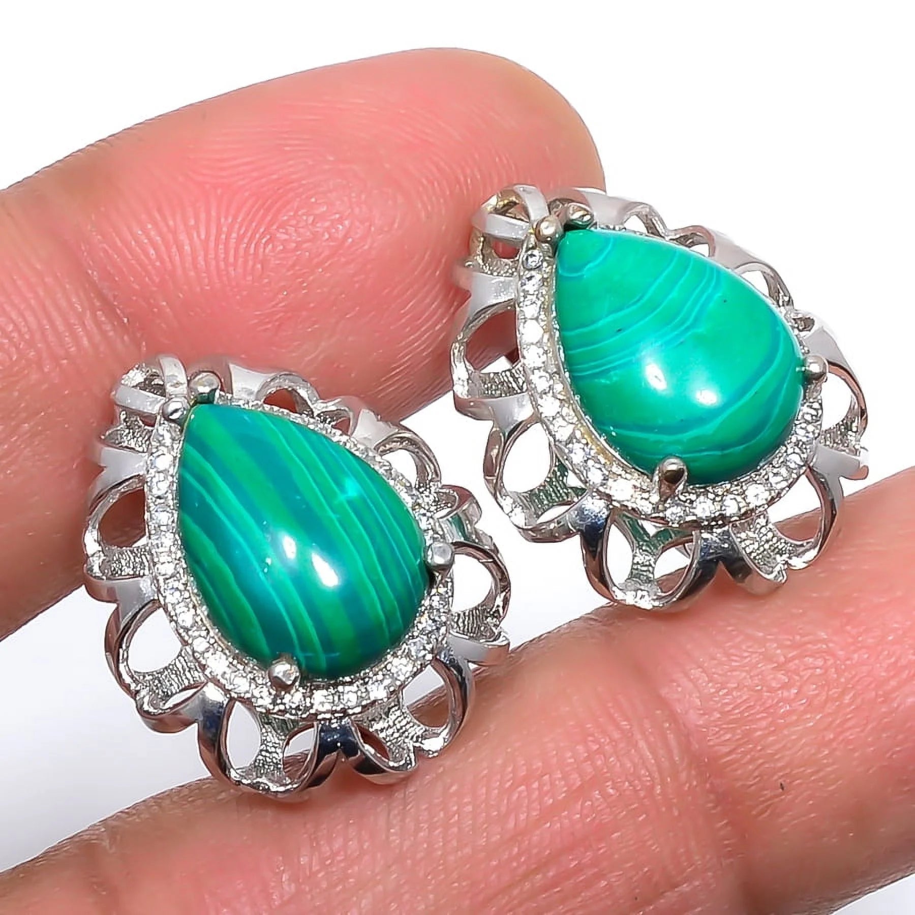 Russian Malachite & CZ 925 Sterling Silver Earring 0.94 E700-104
