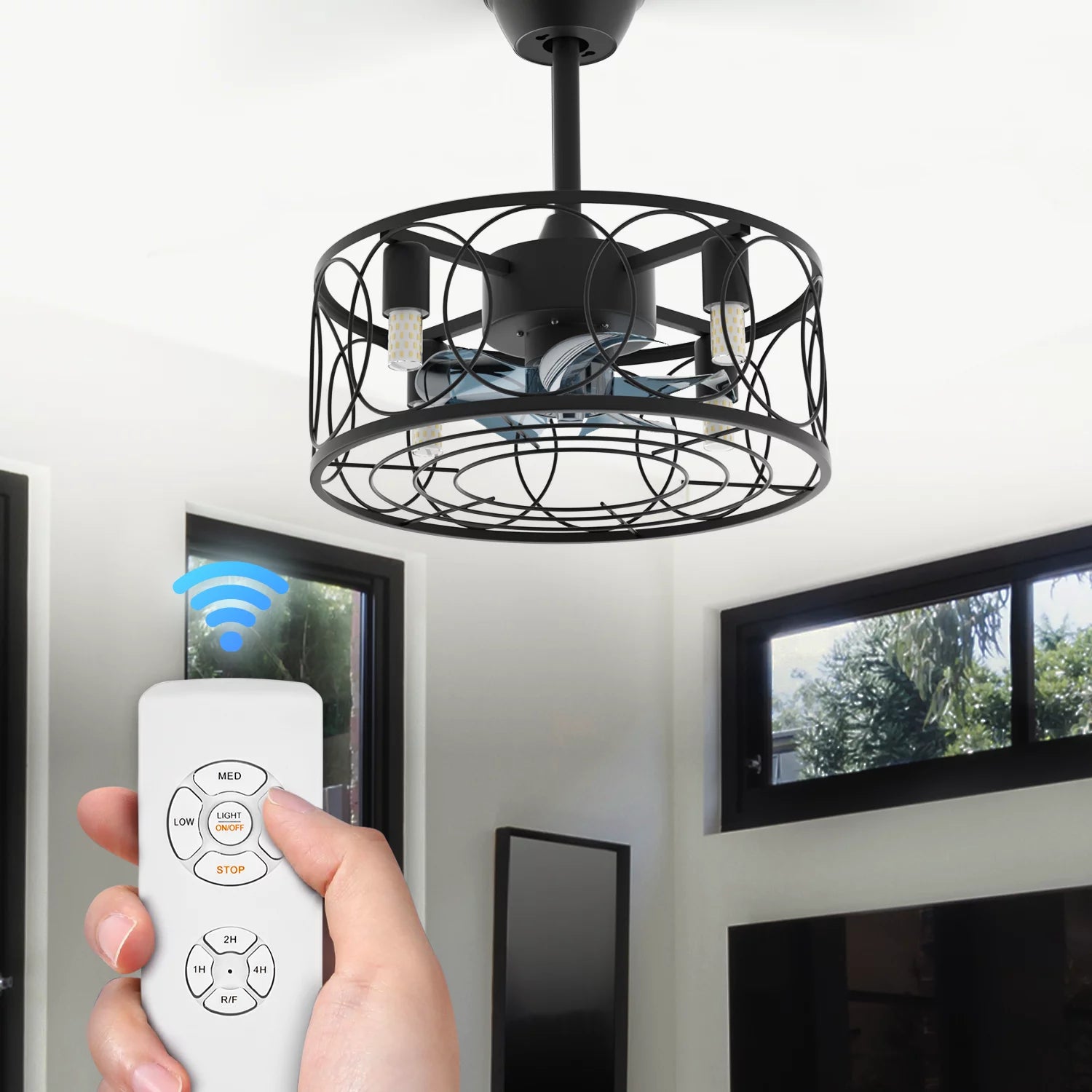 Magshion 18 Flush Mount Caged Ceiling Fan with Remote Control, Reversible Low Profile Ceiling Fan without Light Bulbs for Living Room Kitchen Bedroom, Black