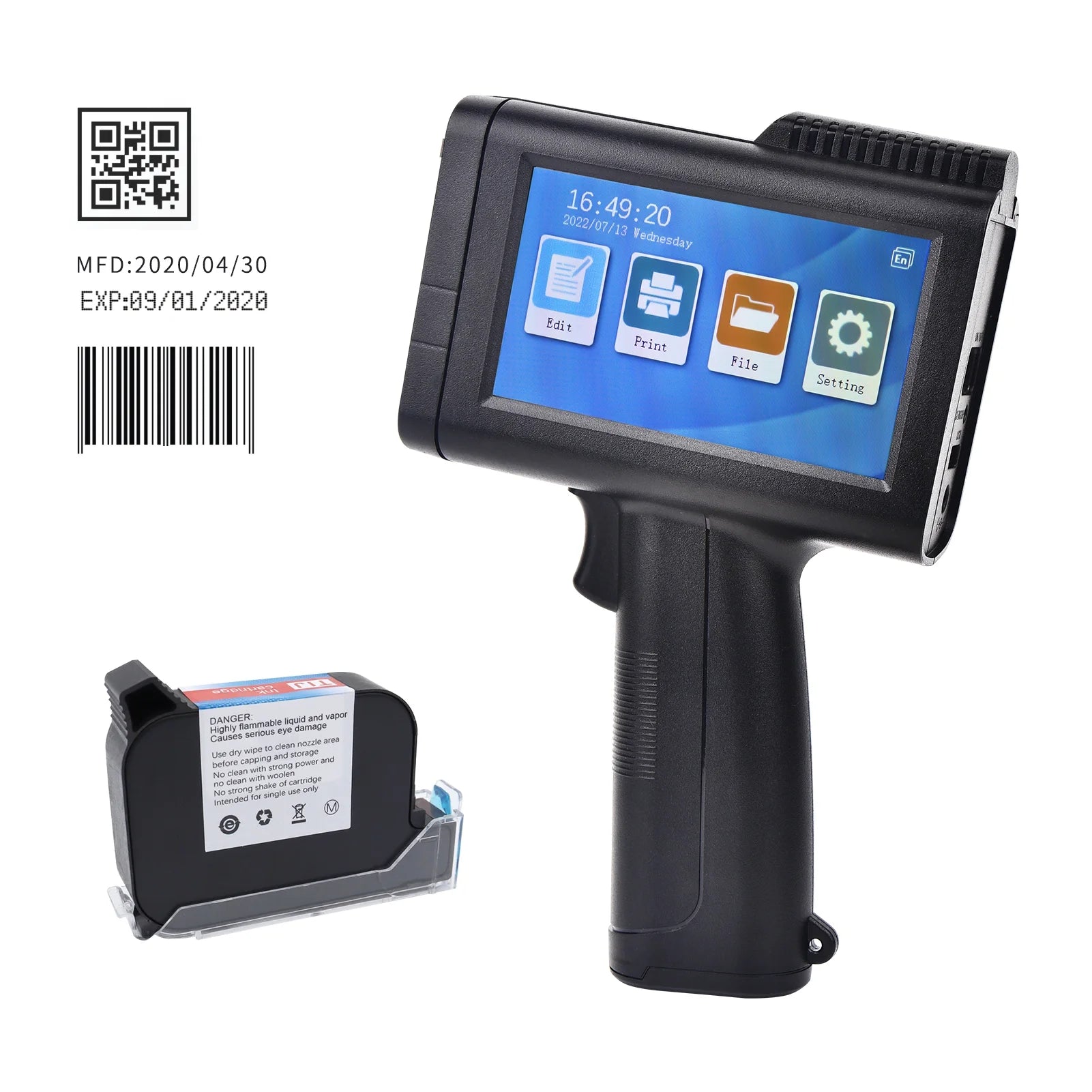 Tomshine Portable HD Handheld Inkjet Printer with 4.3 Inch Touchscreen Intelligent Barcode Printer Support Date QR Code Symbols Batch Number USB Interface for Variable Data With Quick-Drying Ink Car