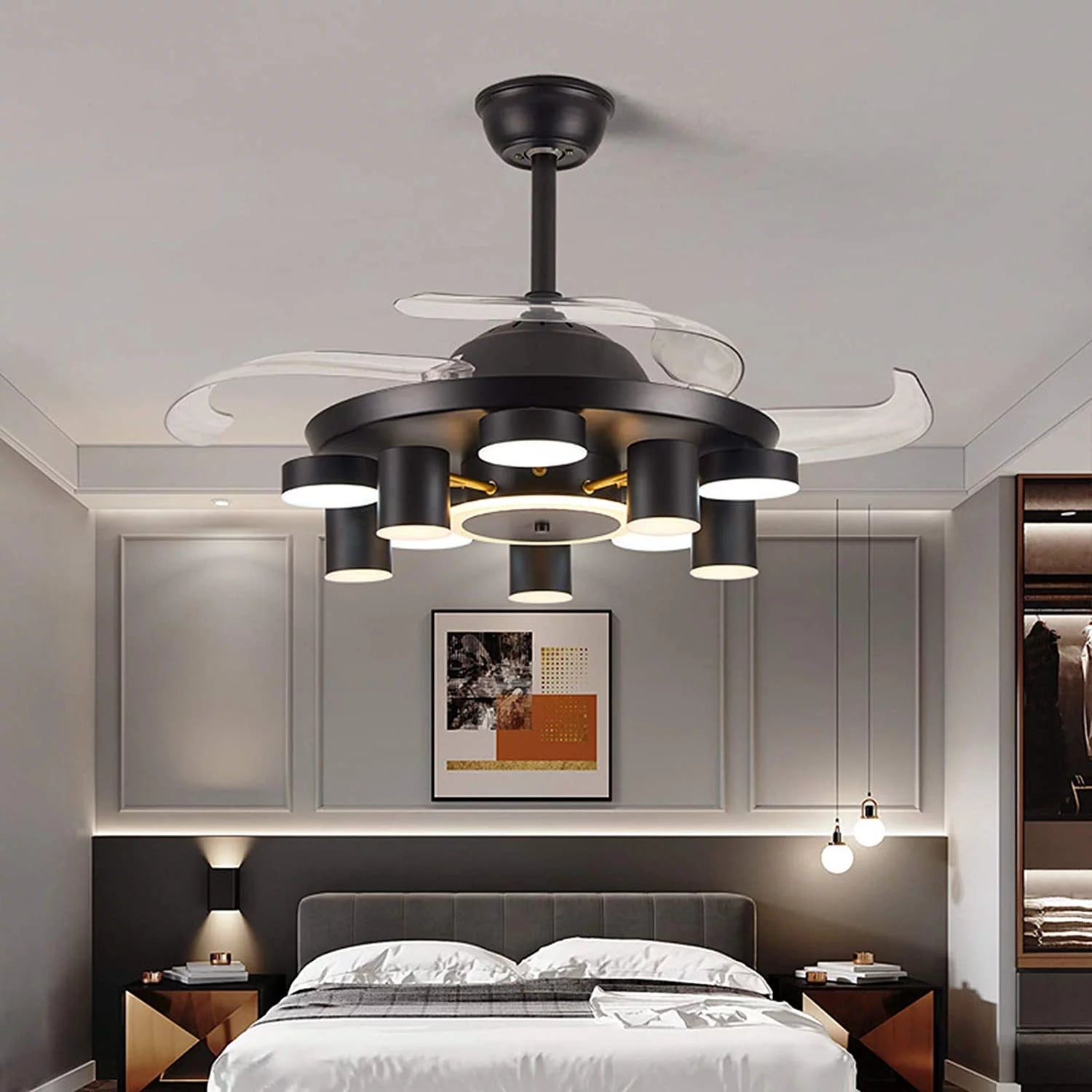 Miumaeov 42 Retractable Ceiling Fan with Lights 8 LED Light Sources Modern Ceiling Fan with Retractable Blades Silent Motor 3 Light Color Change 4 Timing Options Remote Control Black