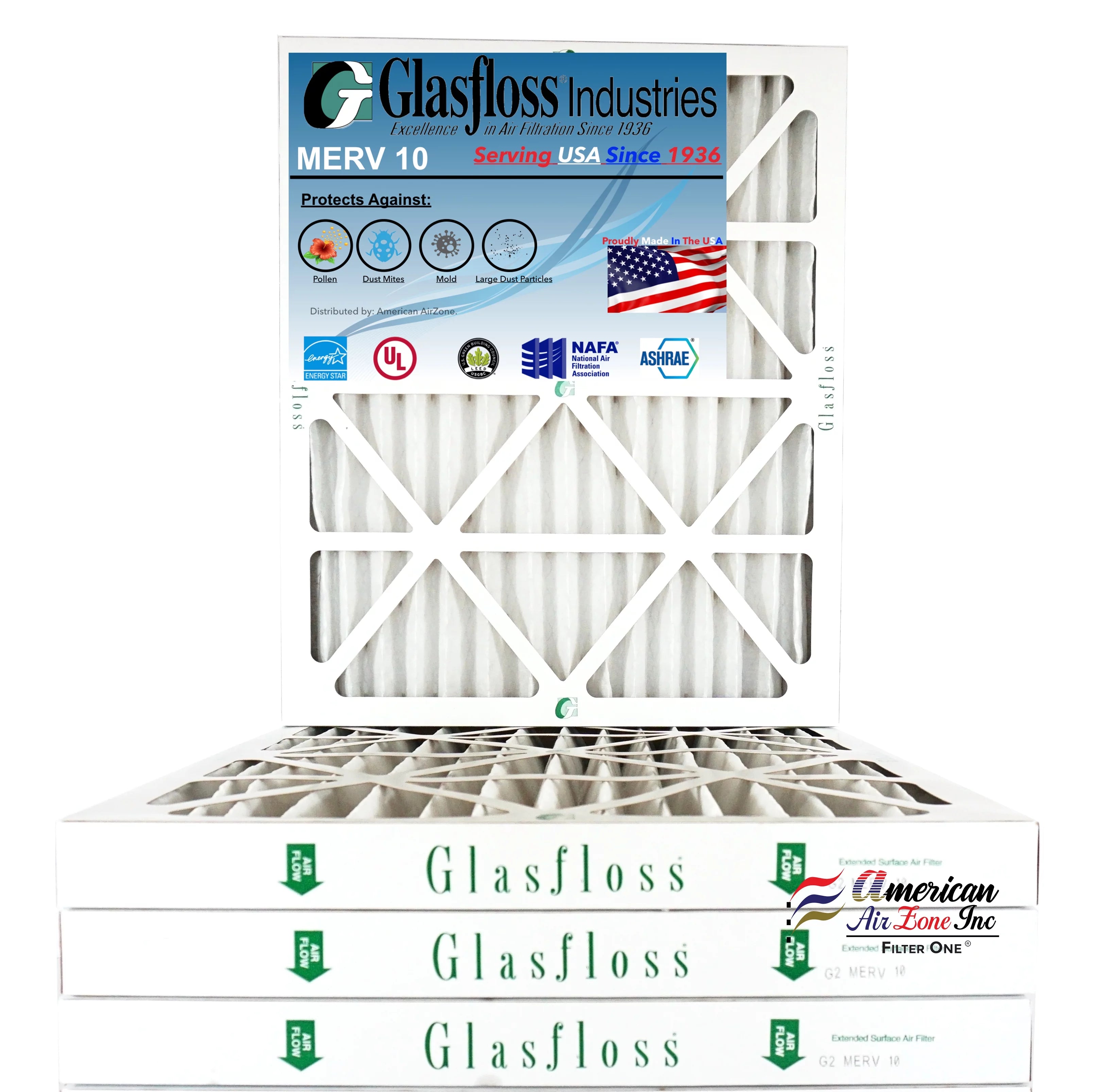 Glasfloss Air Filter 20x30x2 -2 MERV 10 - (Pack of 4) - Pleated AC or HVAC Air Filter - Furnace Air Filter - Home or Office - Made In The USA.
